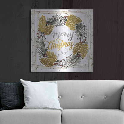 Luxe Metal Art 'Merry Christmas Birch Wreath with Berries' by Cindy Jacobs, Metal Wall Art,36x36