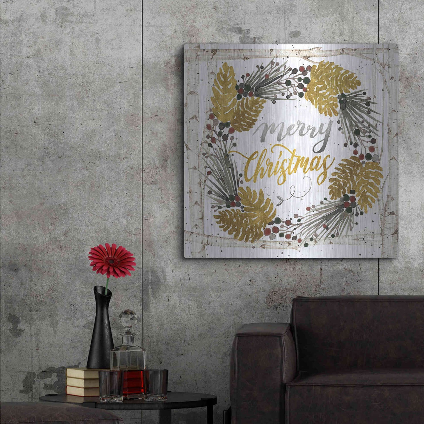 Luxe Metal Art 'Merry Christmas Birch Wreath with Berries' by Cindy Jacobs, Metal Wall Art,36x36