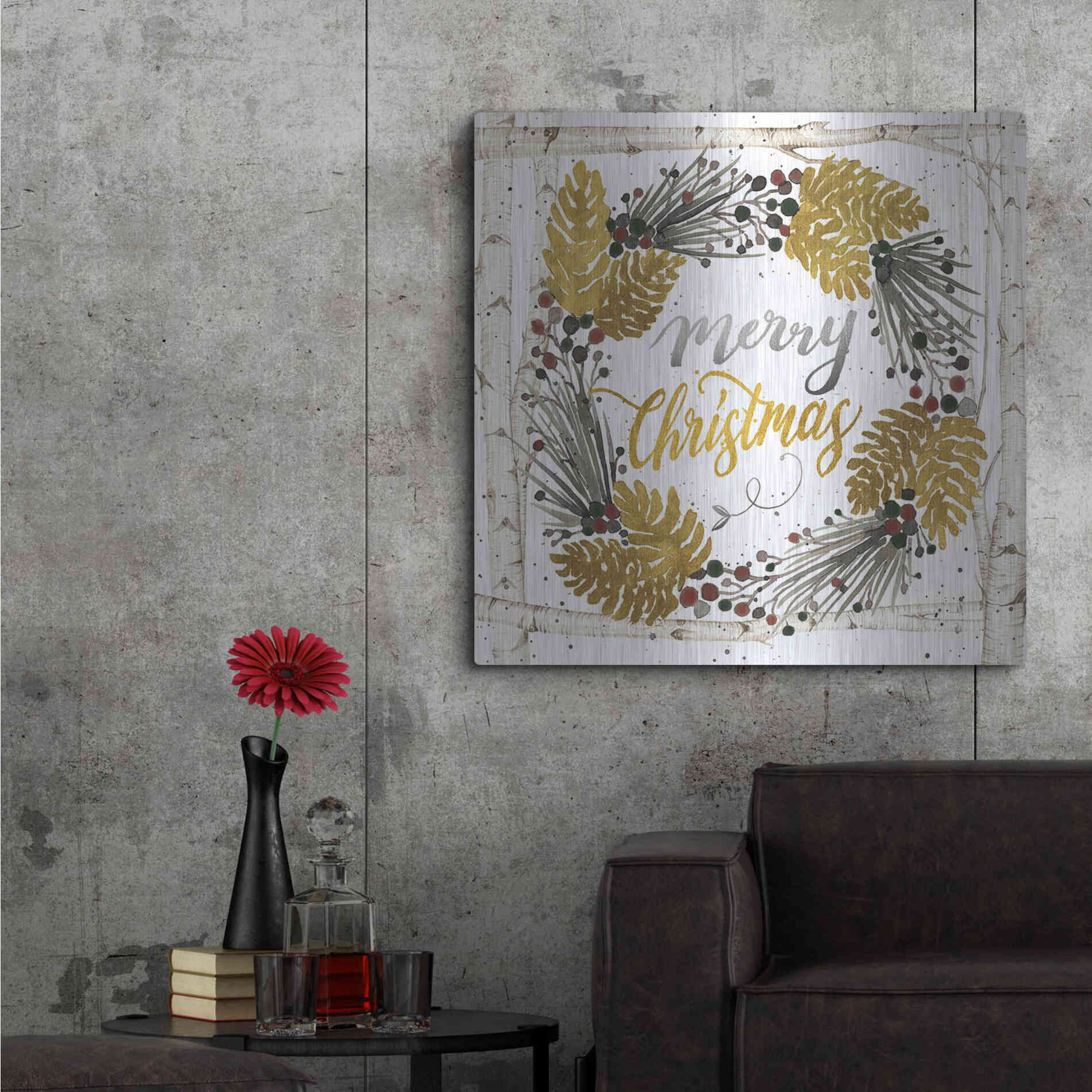Luxe Metal Art 'Merry Christmas Birch Wreath with Berries' by Cindy Jacobs, Metal Wall Art,36x36