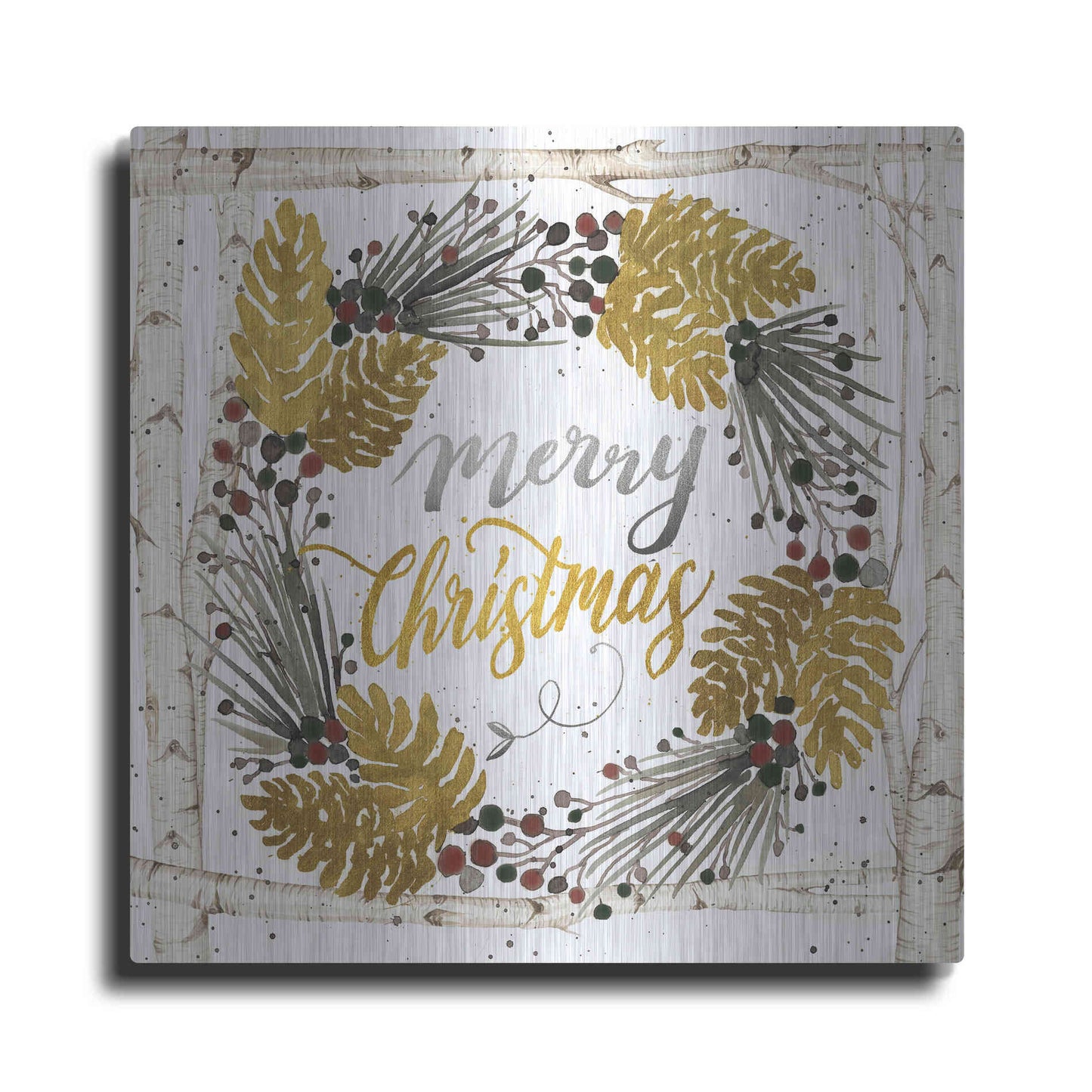 Luxe Metal Art 'Merry Christmas Birch Wreath with Berries' by Cindy Jacobs, Metal Wall Art