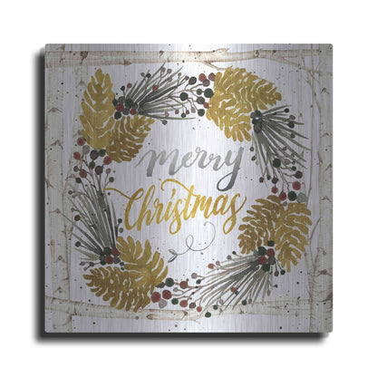 Luxe Metal Art 'Merry Christmas Birch Wreath with Berries' by Cindy Jacobs, Metal Wall Art