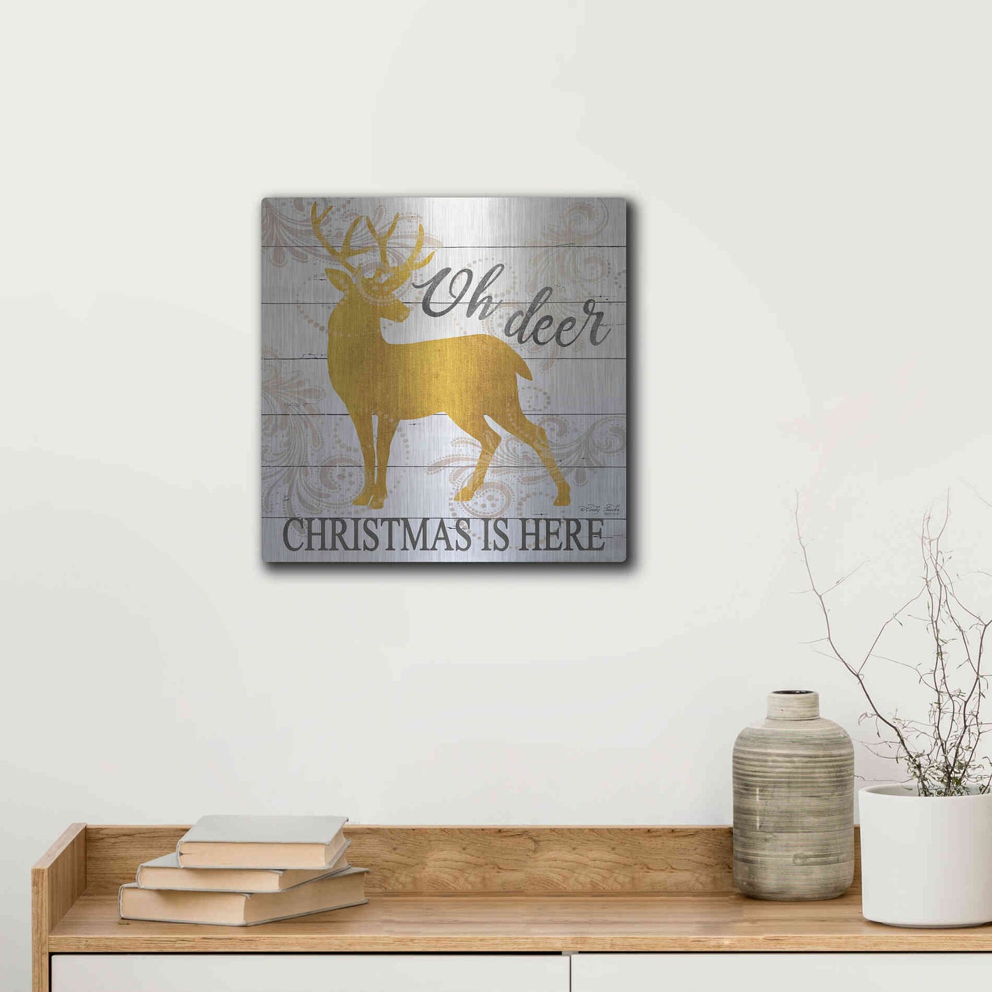 Luxe Metal Art 'Oh Deer Christmas is Here' by Cindy Jacobs, Metal Wall Art,12x12
