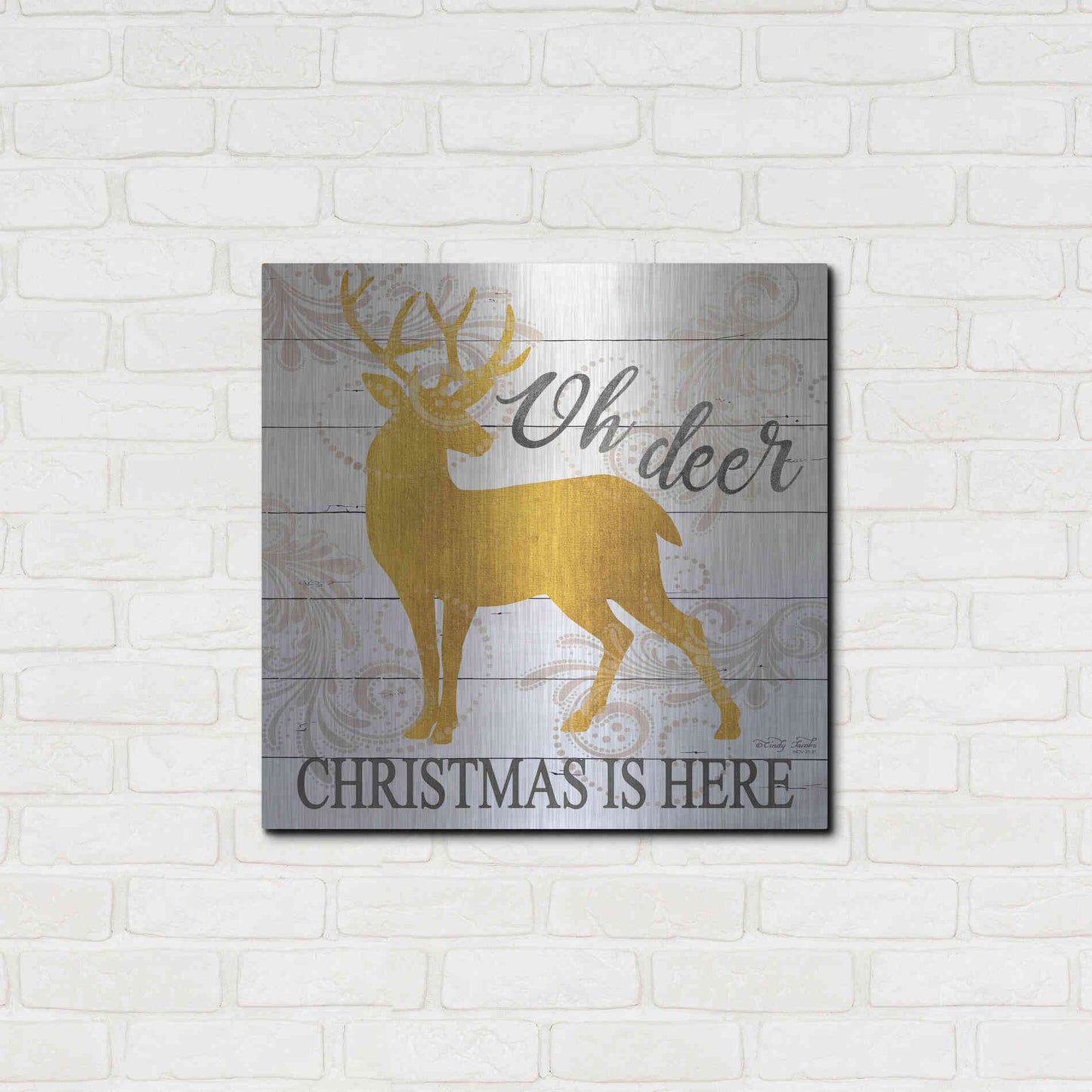Luxe Metal Art 'Oh Deer Christmas is Here' by Cindy Jacobs, Metal Wall Art,24x24