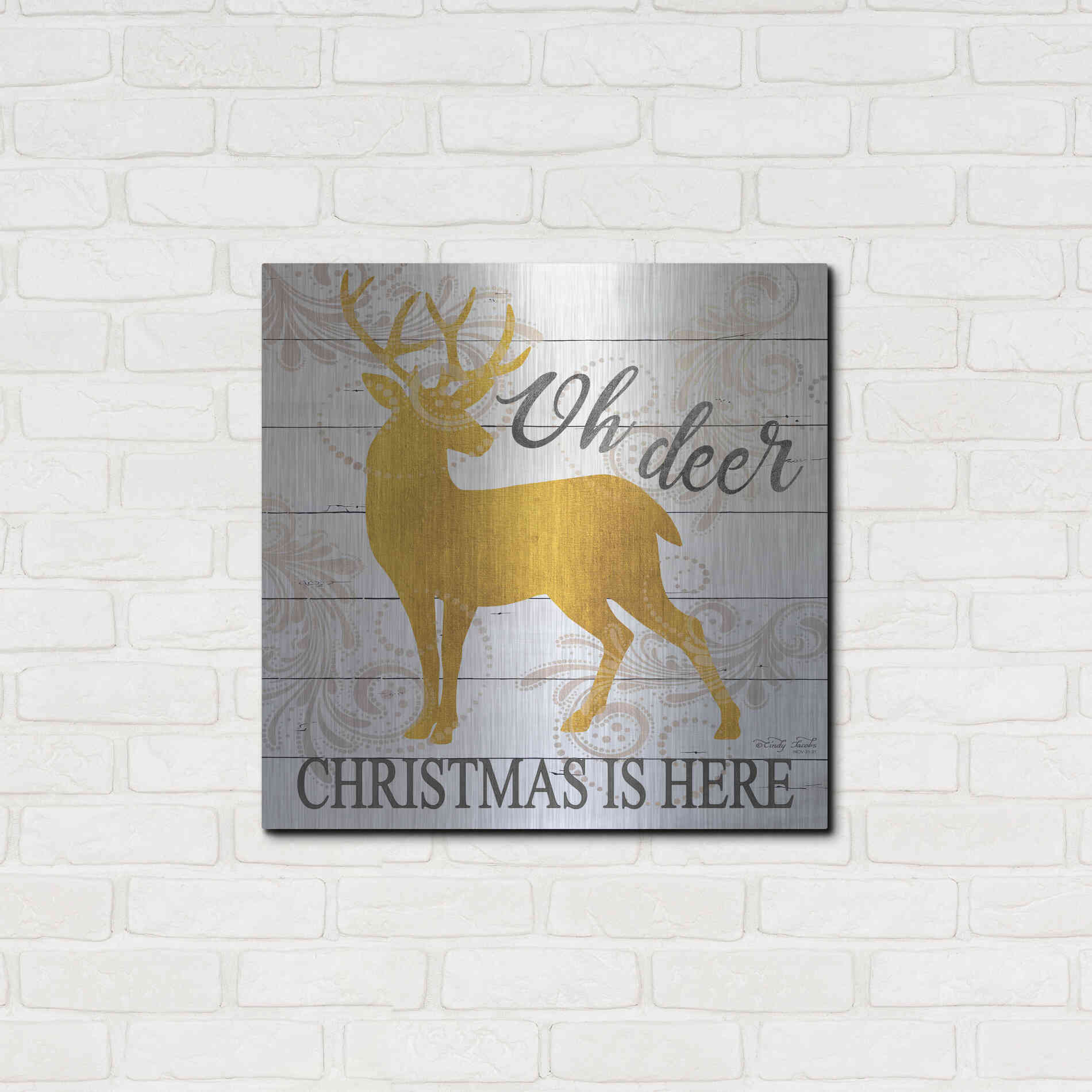 Luxe Metal Art 'Oh Deer Christmas is Here' by Cindy Jacobs, Metal Wall Art,24x24