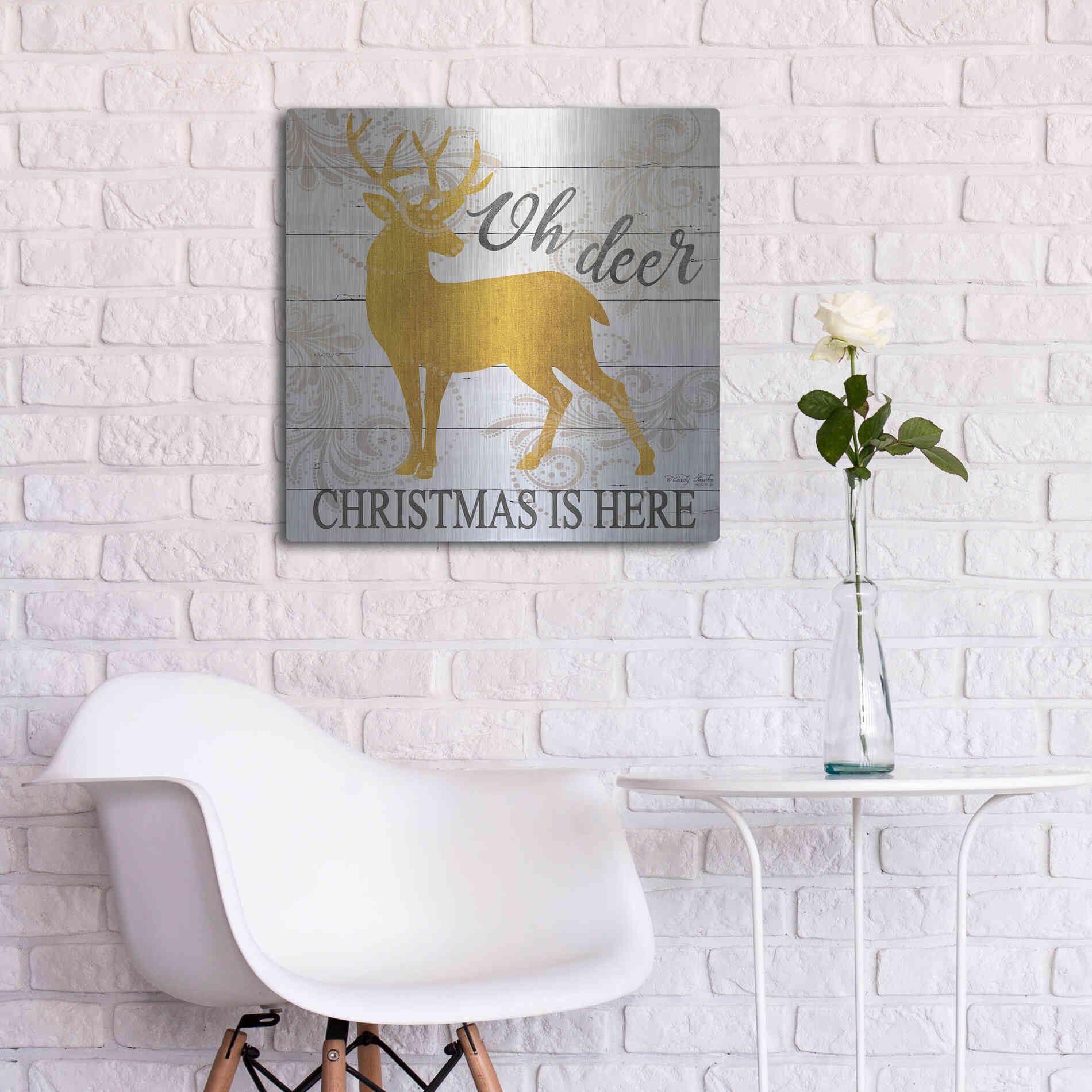 Luxe Metal Art 'Oh Deer Christmas is Here' by Cindy Jacobs, Metal Wall Art,24x24