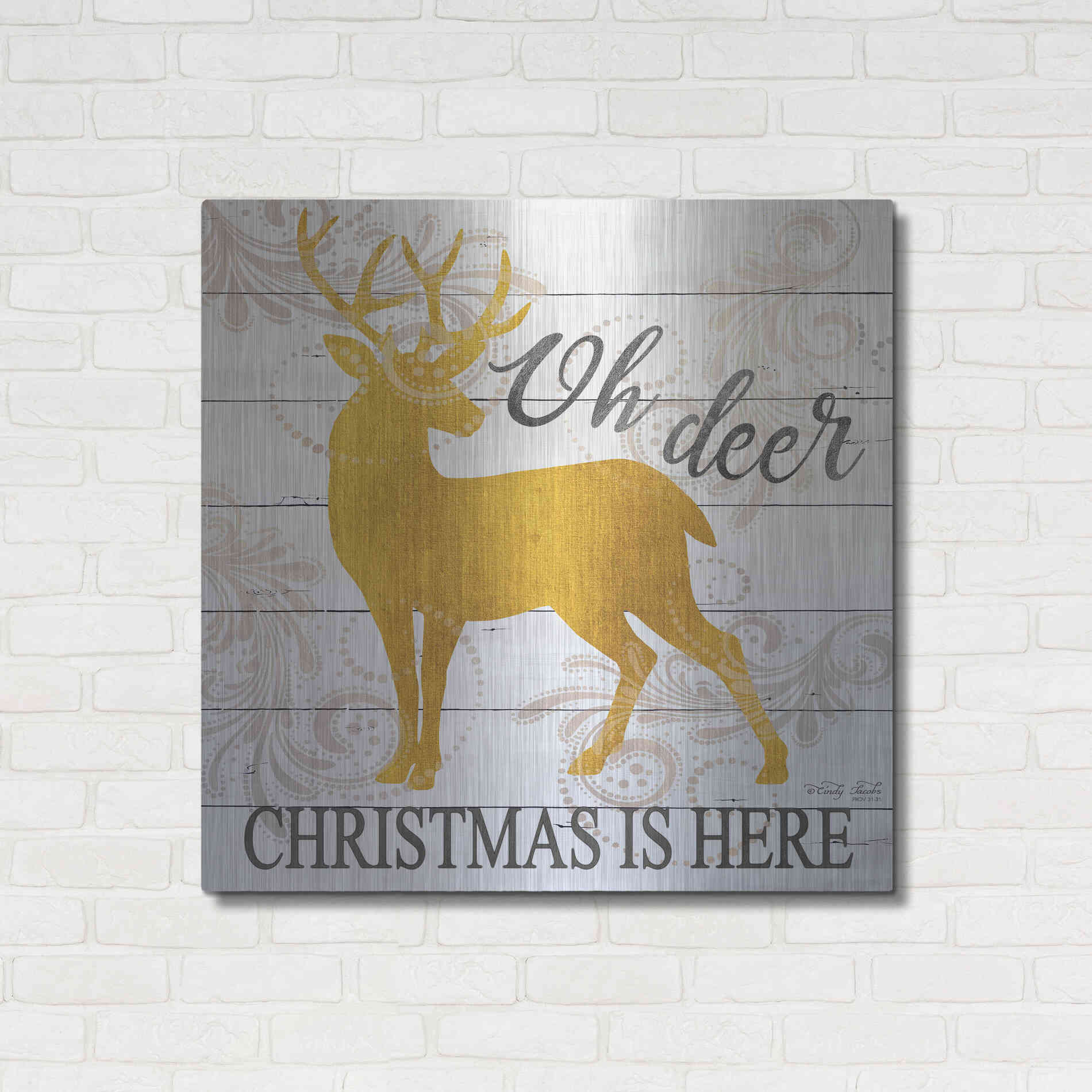 Luxe Metal Art 'Oh Deer Christmas is Here' by Cindy Jacobs, Metal Wall Art,36x36