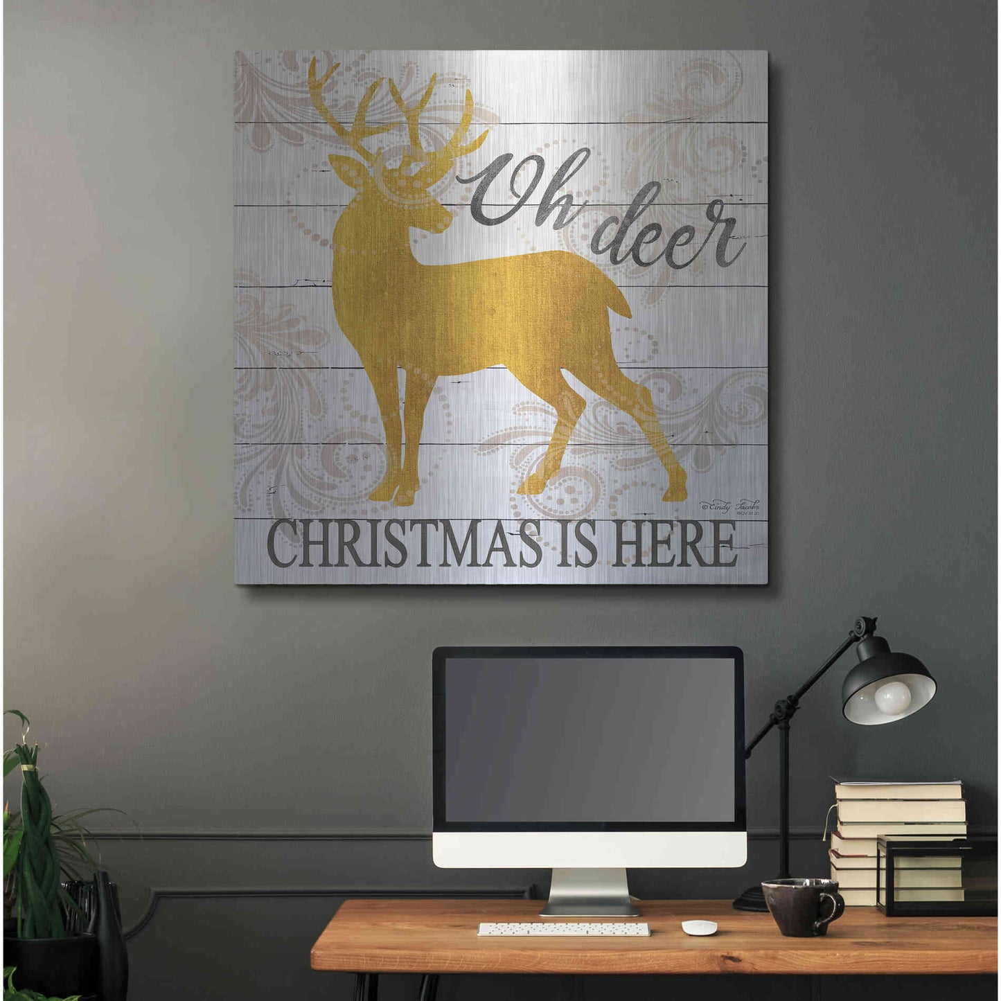 Luxe Metal Art 'Oh Deer Christmas is Here' by Cindy Jacobs, Metal Wall Art,36x36