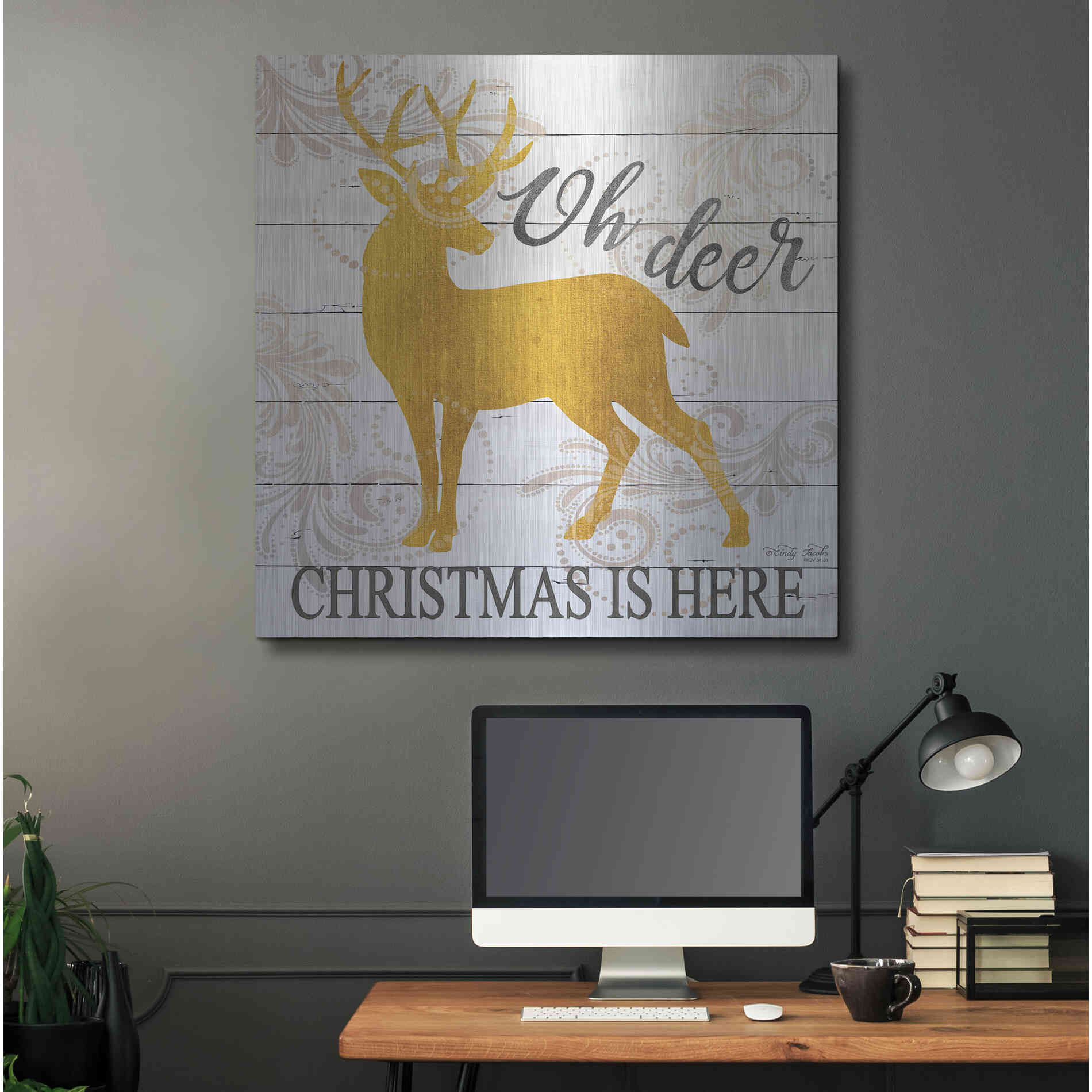 Luxe Metal Art 'Oh Deer Christmas is Here' by Cindy Jacobs, Metal Wall Art,36x36