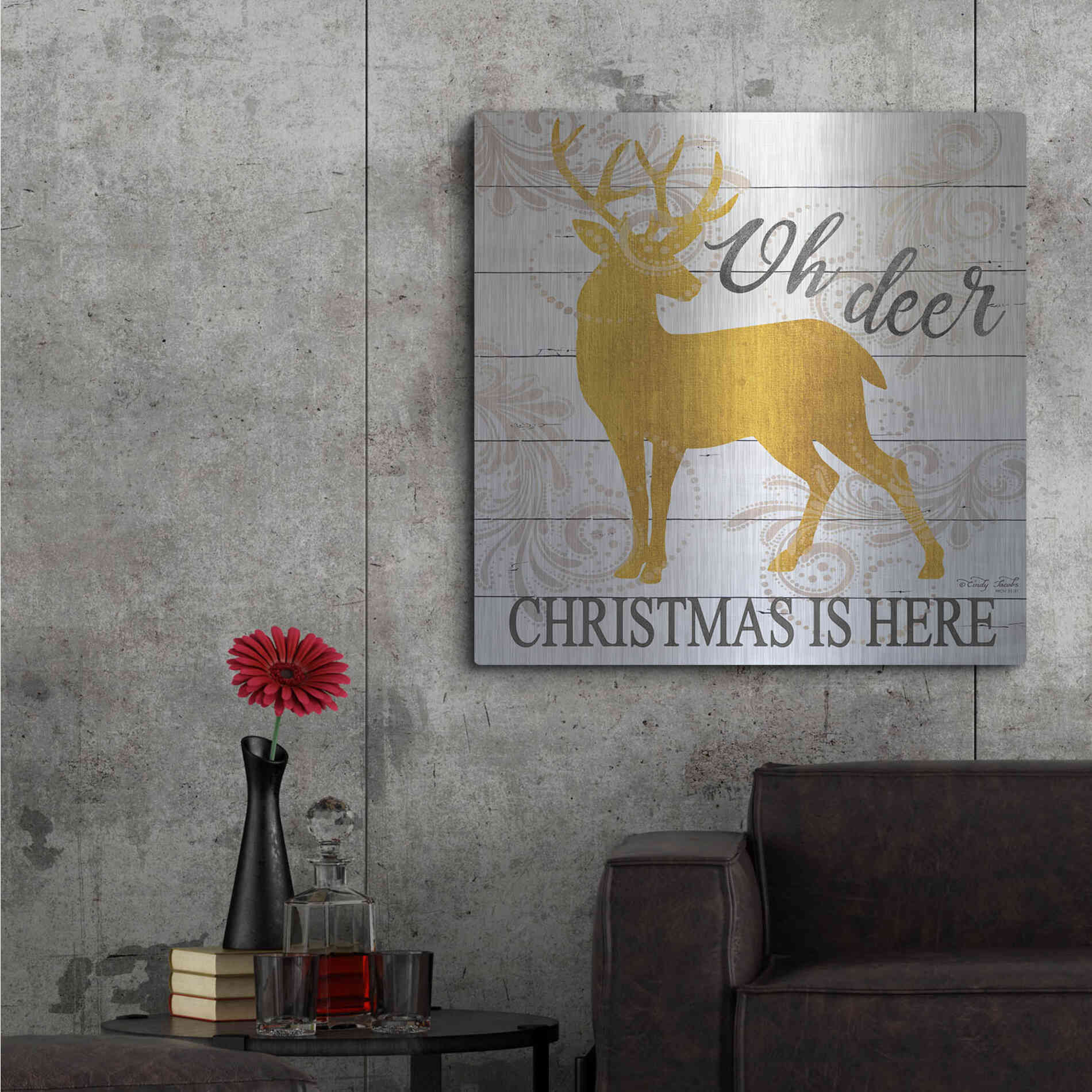 Luxe Metal Art 'Oh Deer Christmas is Here' by Cindy Jacobs, Metal Wall Art,36x36