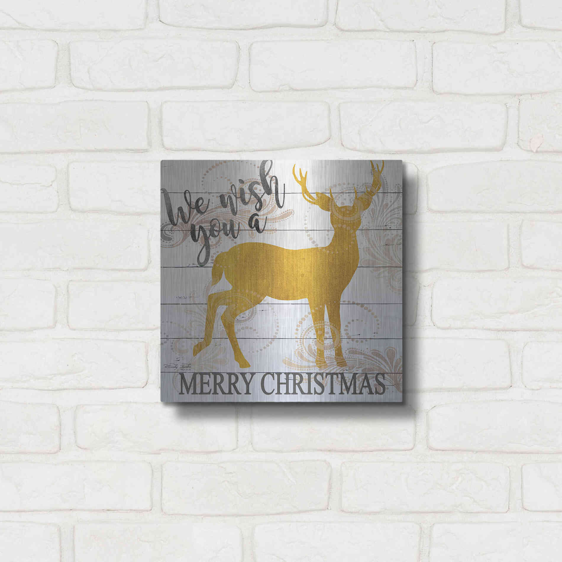 Luxe Metal Art 'We Wish You a Merry Christmas Deer' by Cindy Jacobs, Metal Wall Art,12x12