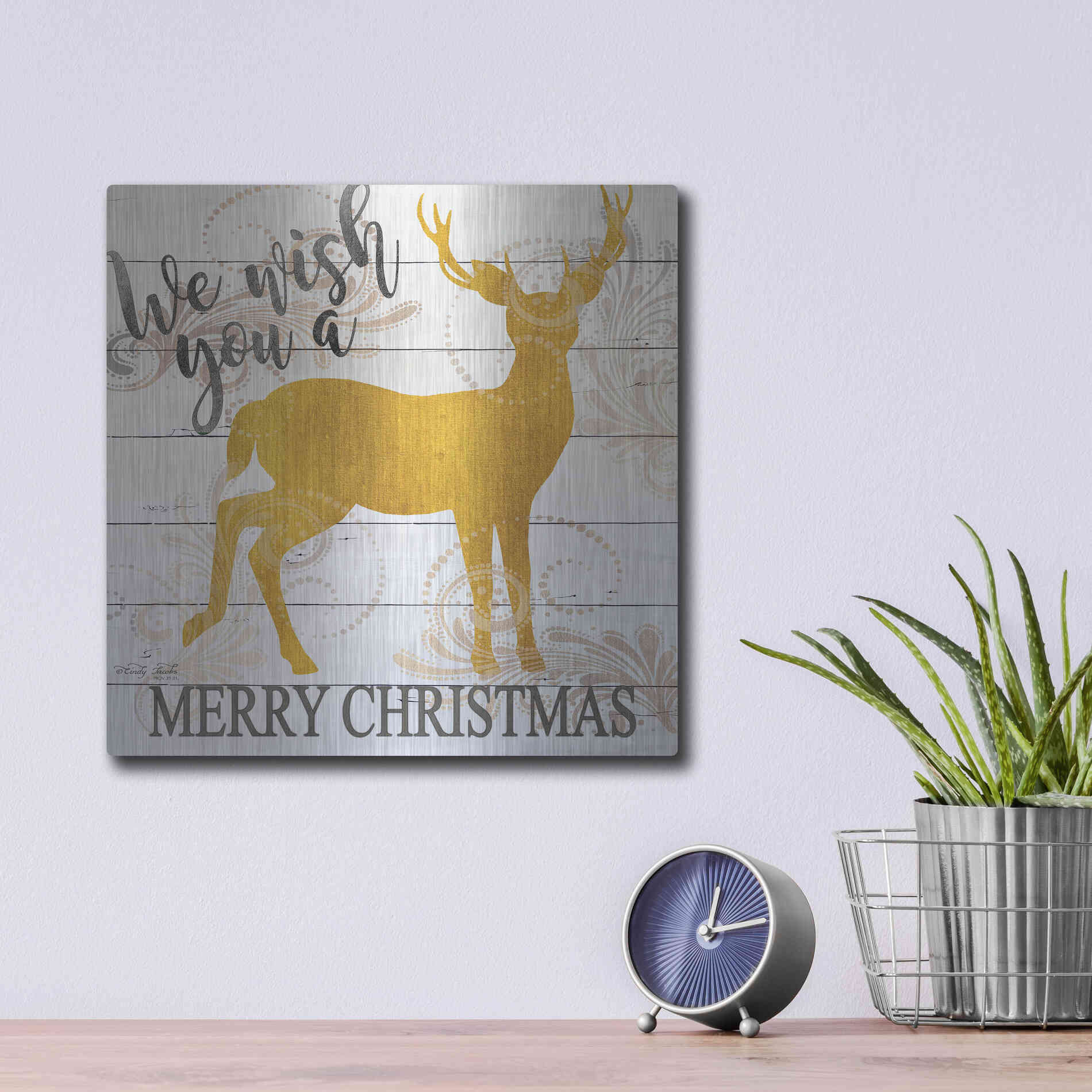Luxe Metal Art 'We Wish You a Merry Christmas Deer' by Cindy Jacobs, Metal Wall Art,12x12