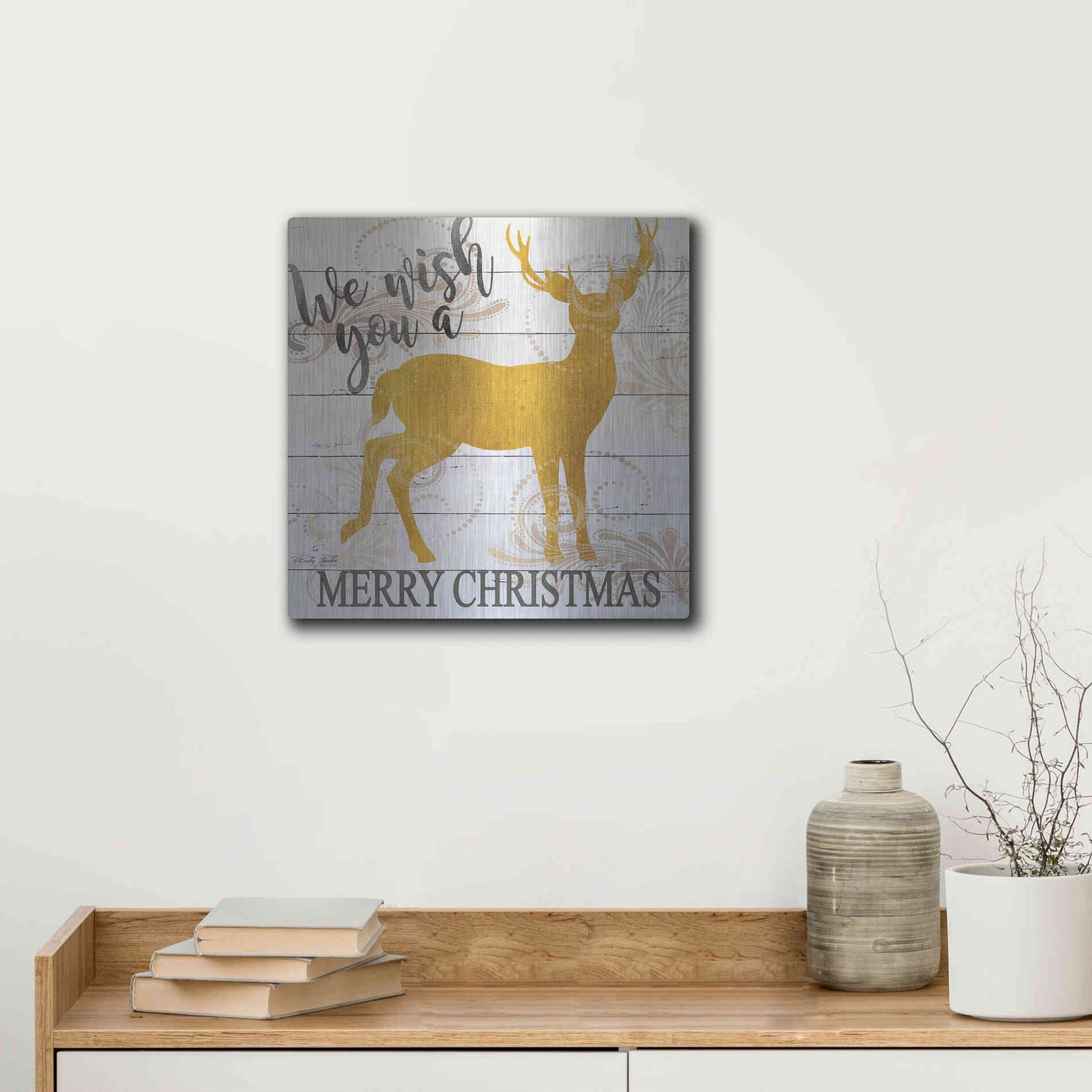 Luxe Metal Art 'We Wish You a Merry Christmas Deer' by Cindy Jacobs, Metal Wall Art,12x12