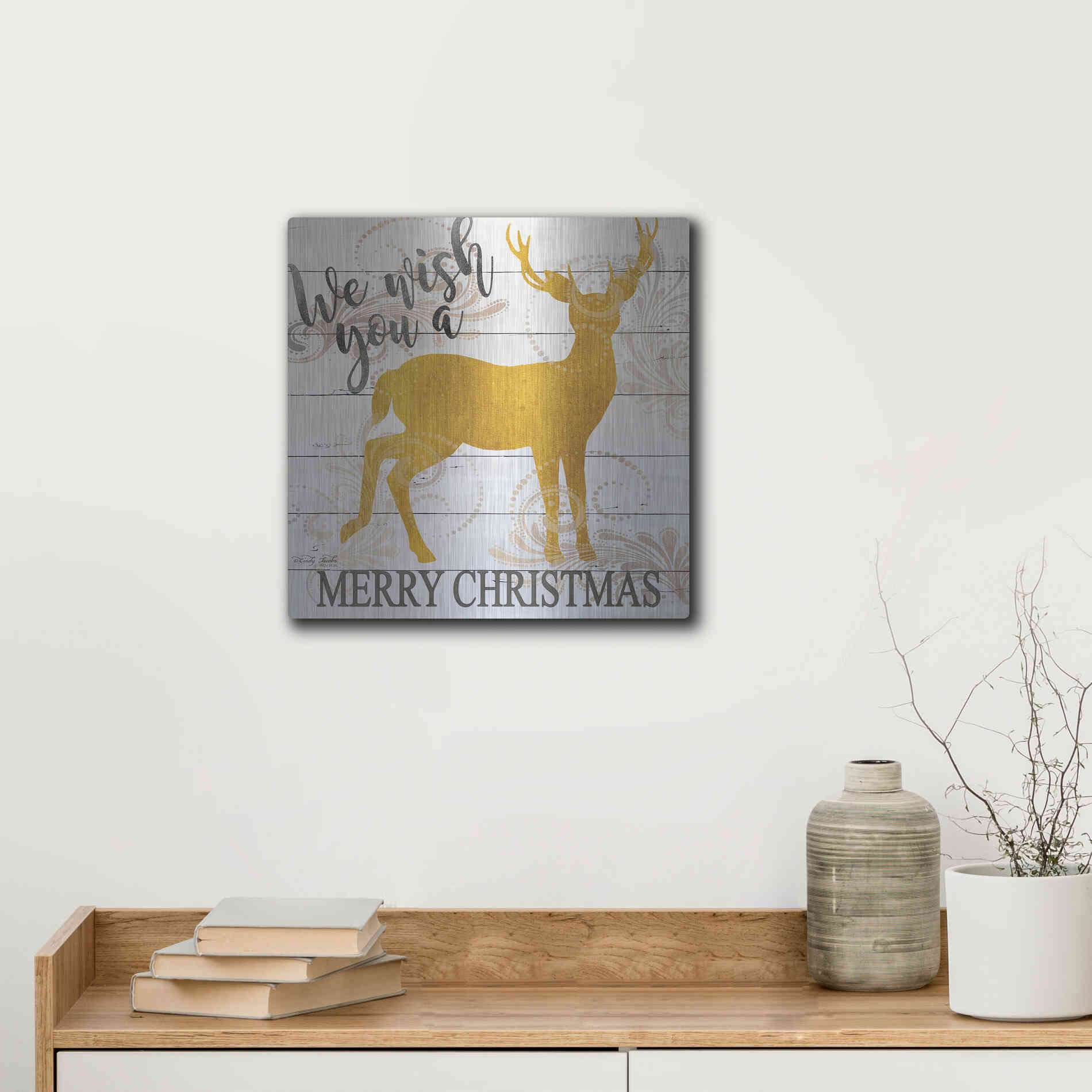 Luxe Metal Art 'We Wish You a Merry Christmas Deer' by Cindy Jacobs, Metal Wall Art,12x12