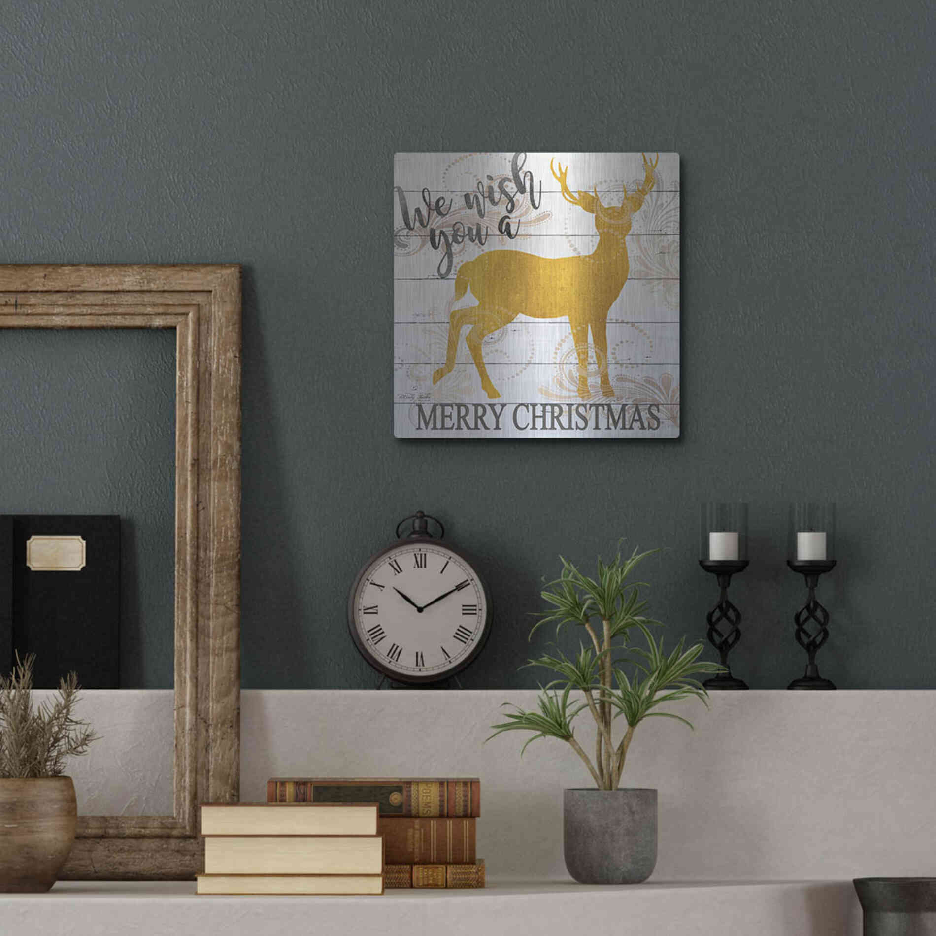 Luxe Metal Art 'We Wish You a Merry Christmas Deer' by Cindy Jacobs, Metal Wall Art,12x12