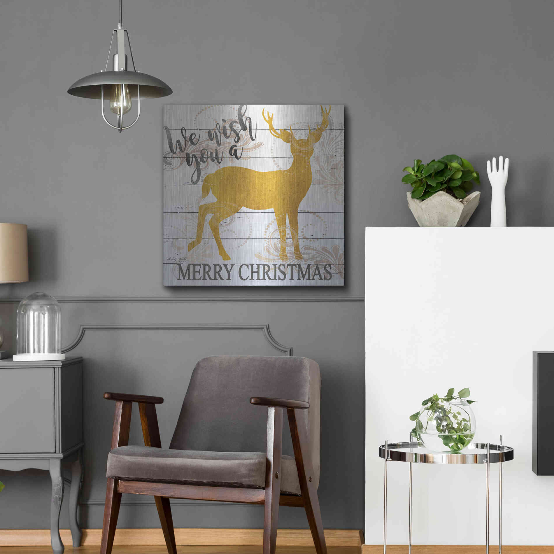 Luxe Metal Art 'We Wish You a Merry Christmas Deer' by Cindy Jacobs, Metal Wall Art,24x24