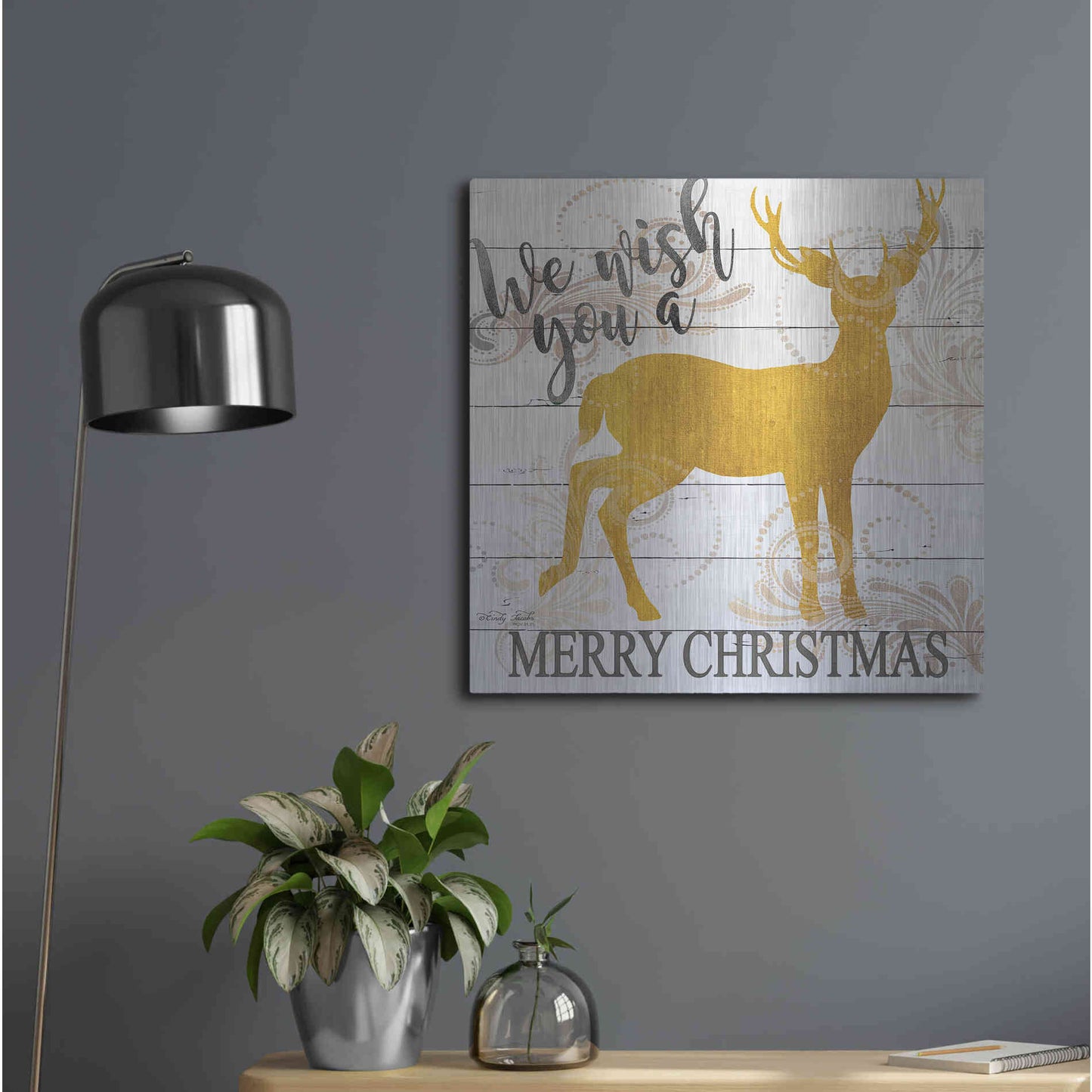 Luxe Metal Art 'We Wish You a Merry Christmas Deer' by Cindy Jacobs, Metal Wall Art,24x24