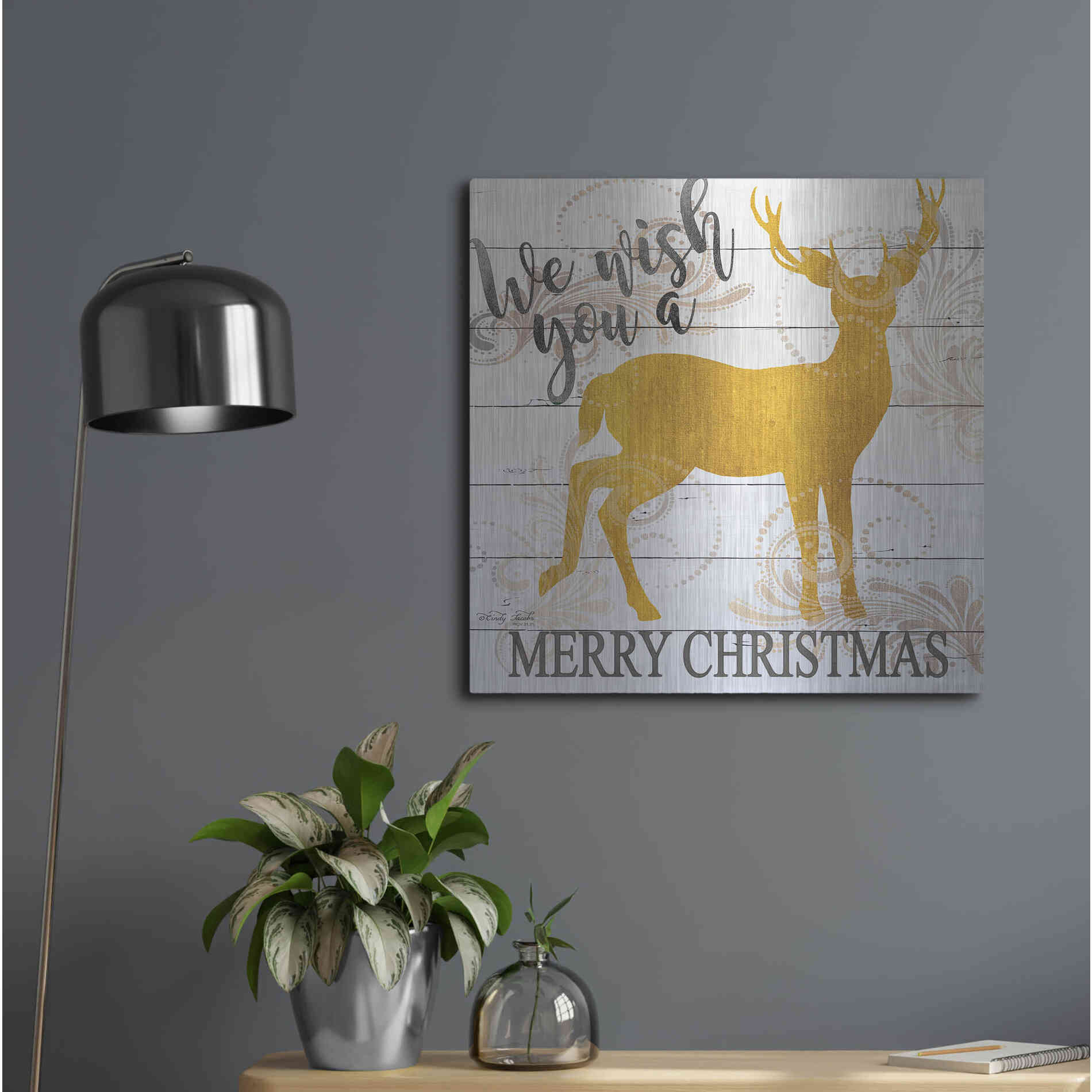 Luxe Metal Art 'We Wish You a Merry Christmas Deer' by Cindy Jacobs, Metal Wall Art,24x24