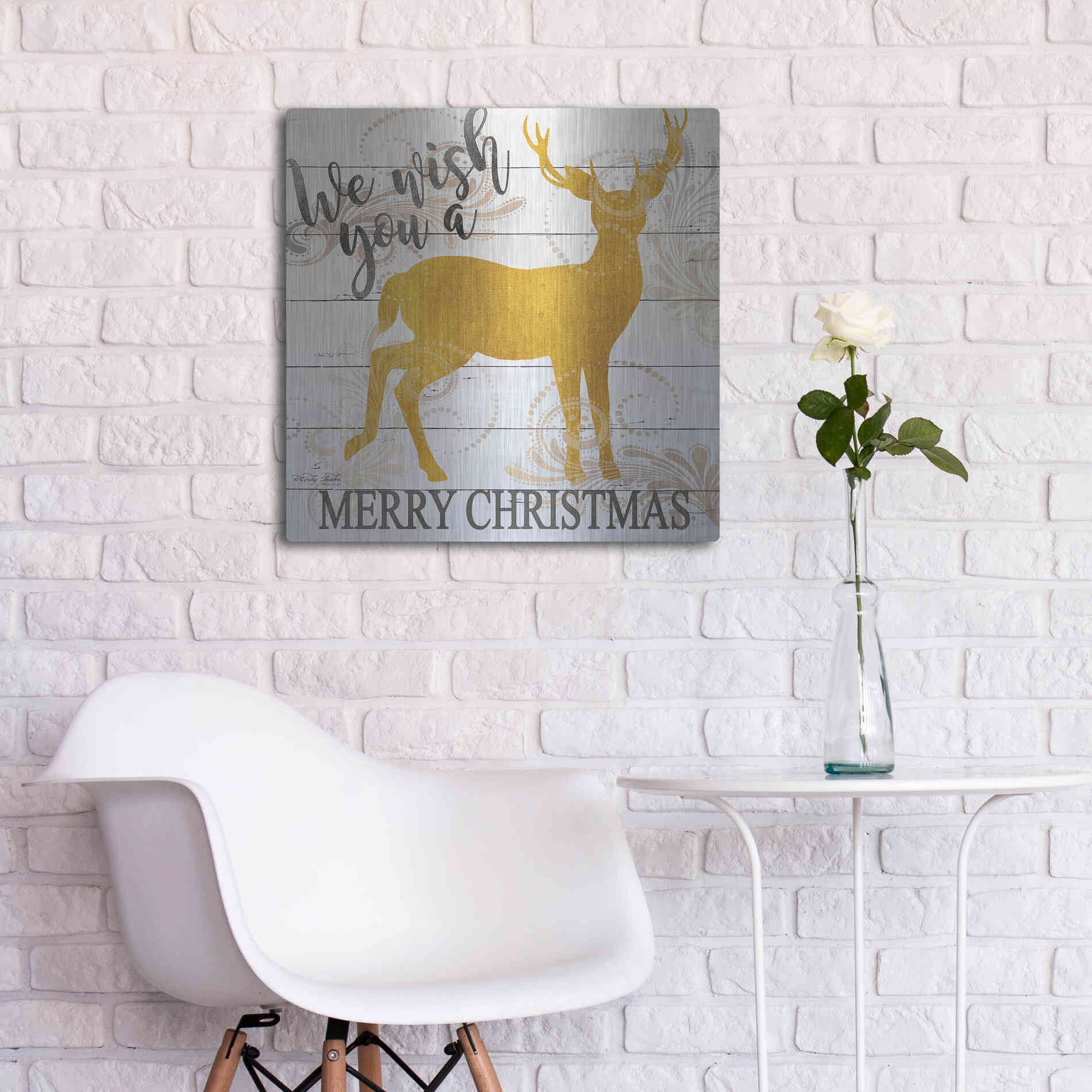 Luxe Metal Art 'We Wish You a Merry Christmas Deer' by Cindy Jacobs, Metal Wall Art,24x24