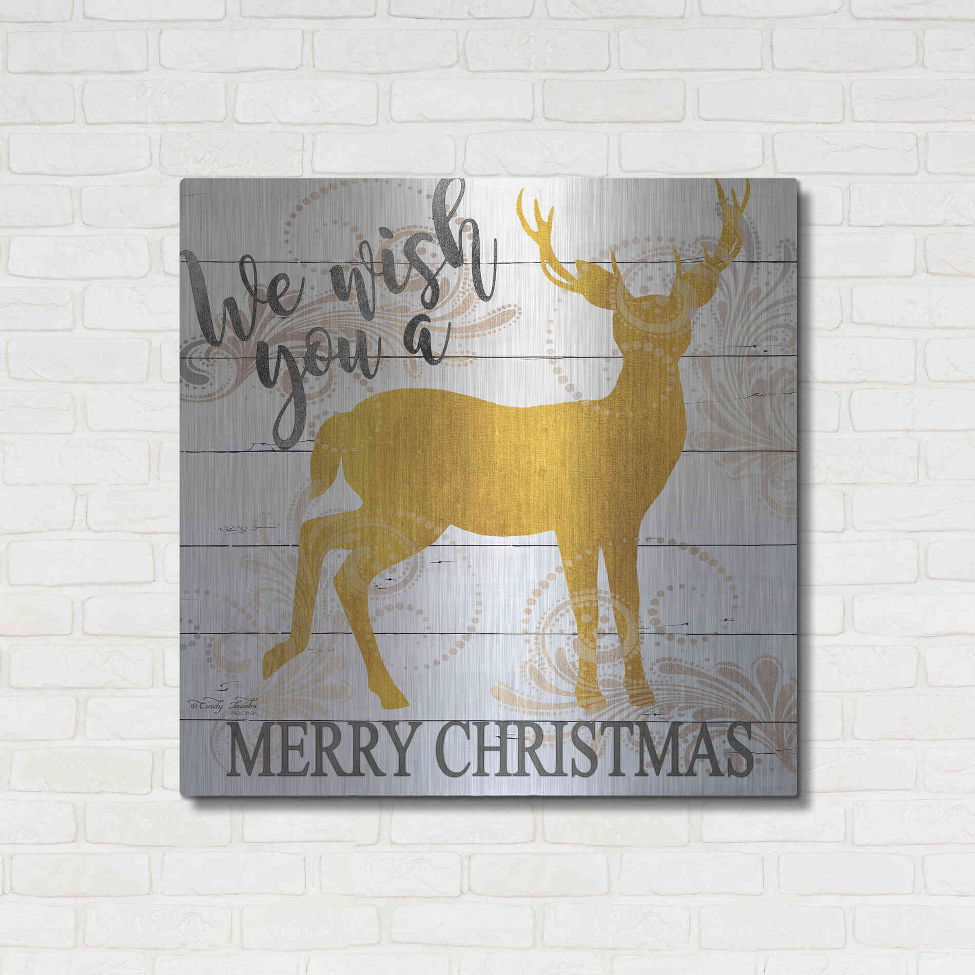 Luxe Metal Art 'We Wish You a Merry Christmas Deer' by Cindy Jacobs, Metal Wall Art,36x36