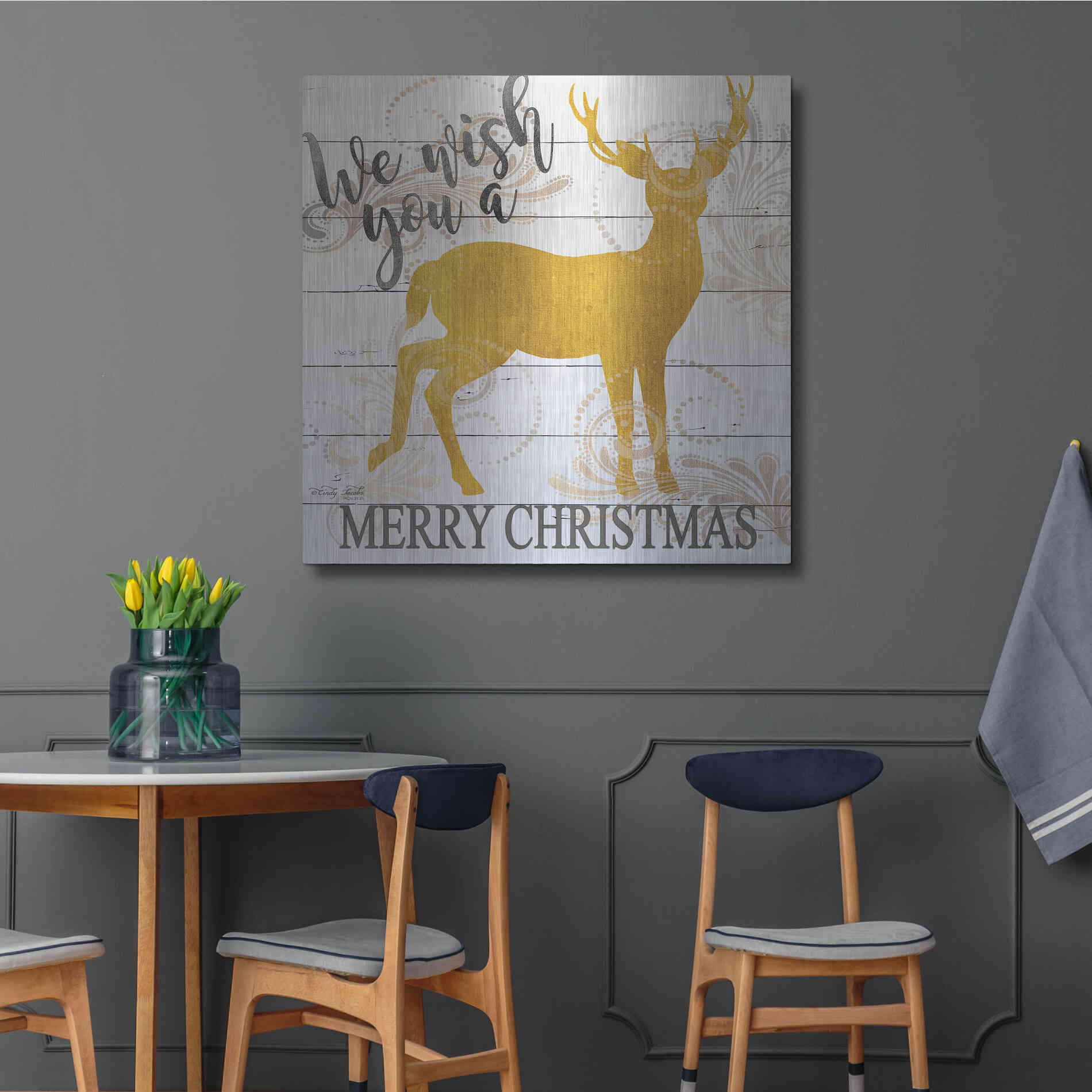 Luxe Metal Art 'We Wish You a Merry Christmas Deer' by Cindy Jacobs, Metal Wall Art,36x36