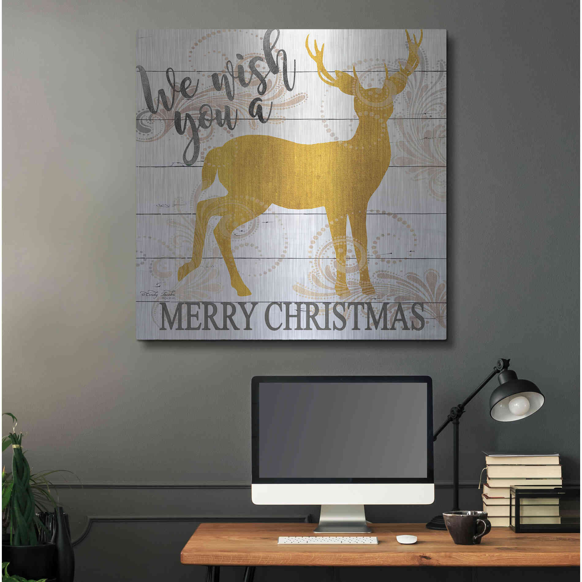 Luxe Metal Art 'We Wish You a Merry Christmas Deer' by Cindy Jacobs, Metal Wall Art,36x36