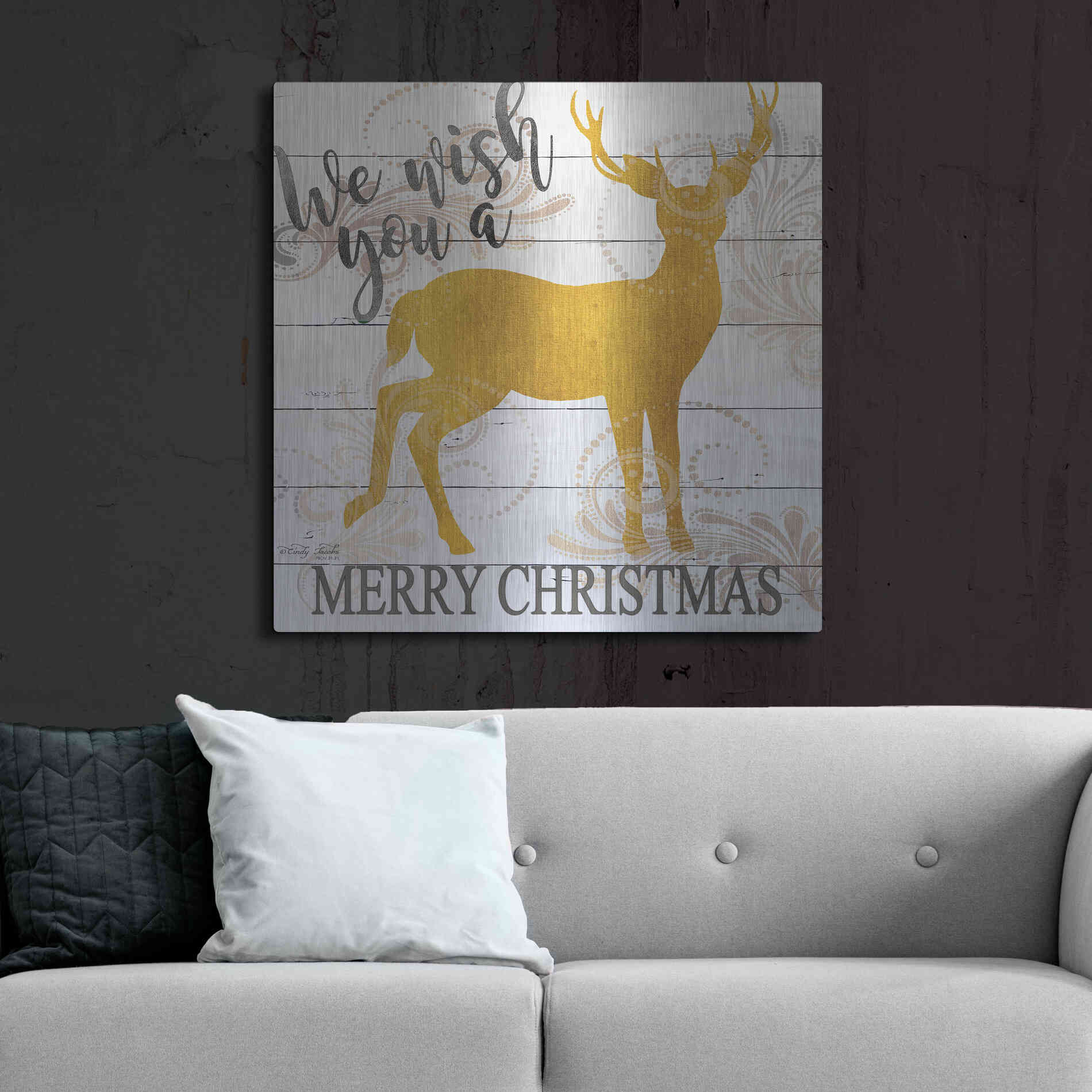 Luxe Metal Art 'We Wish You a Merry Christmas Deer' by Cindy Jacobs, Metal Wall Art,36x36