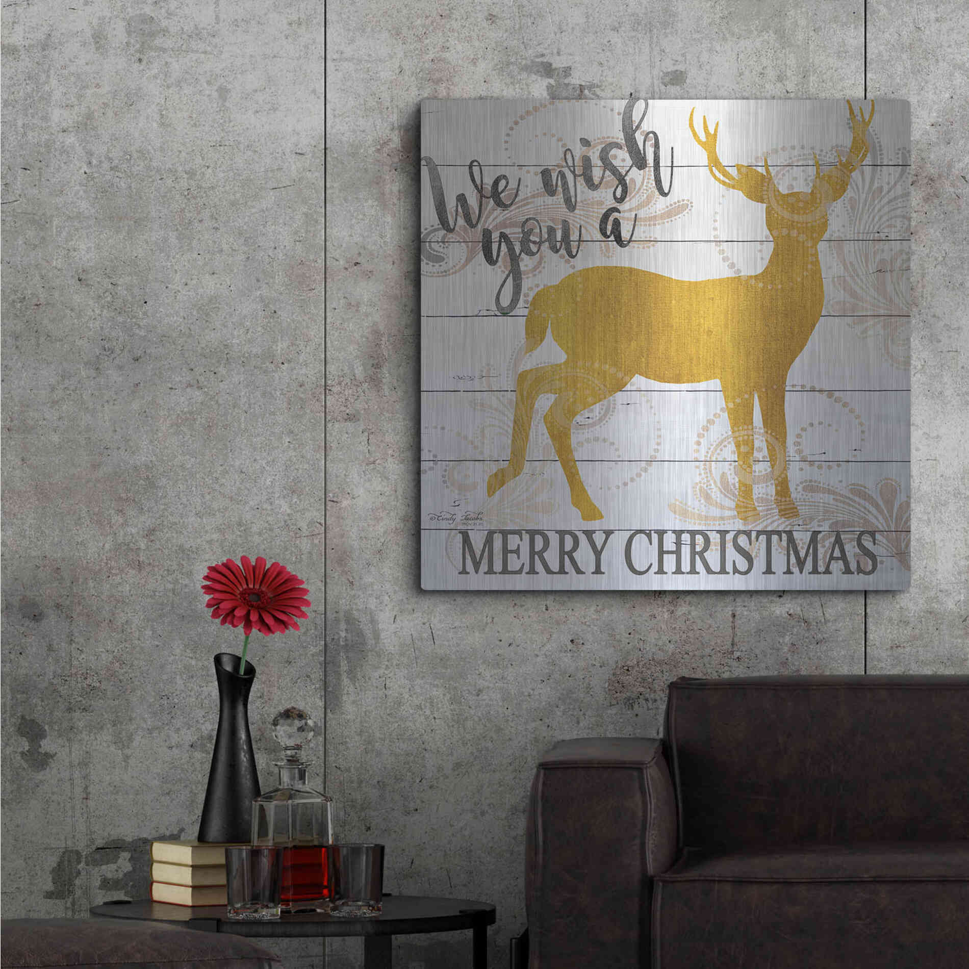 Luxe Metal Art 'We Wish You a Merry Christmas Deer' by Cindy Jacobs, Metal Wall Art,36x36