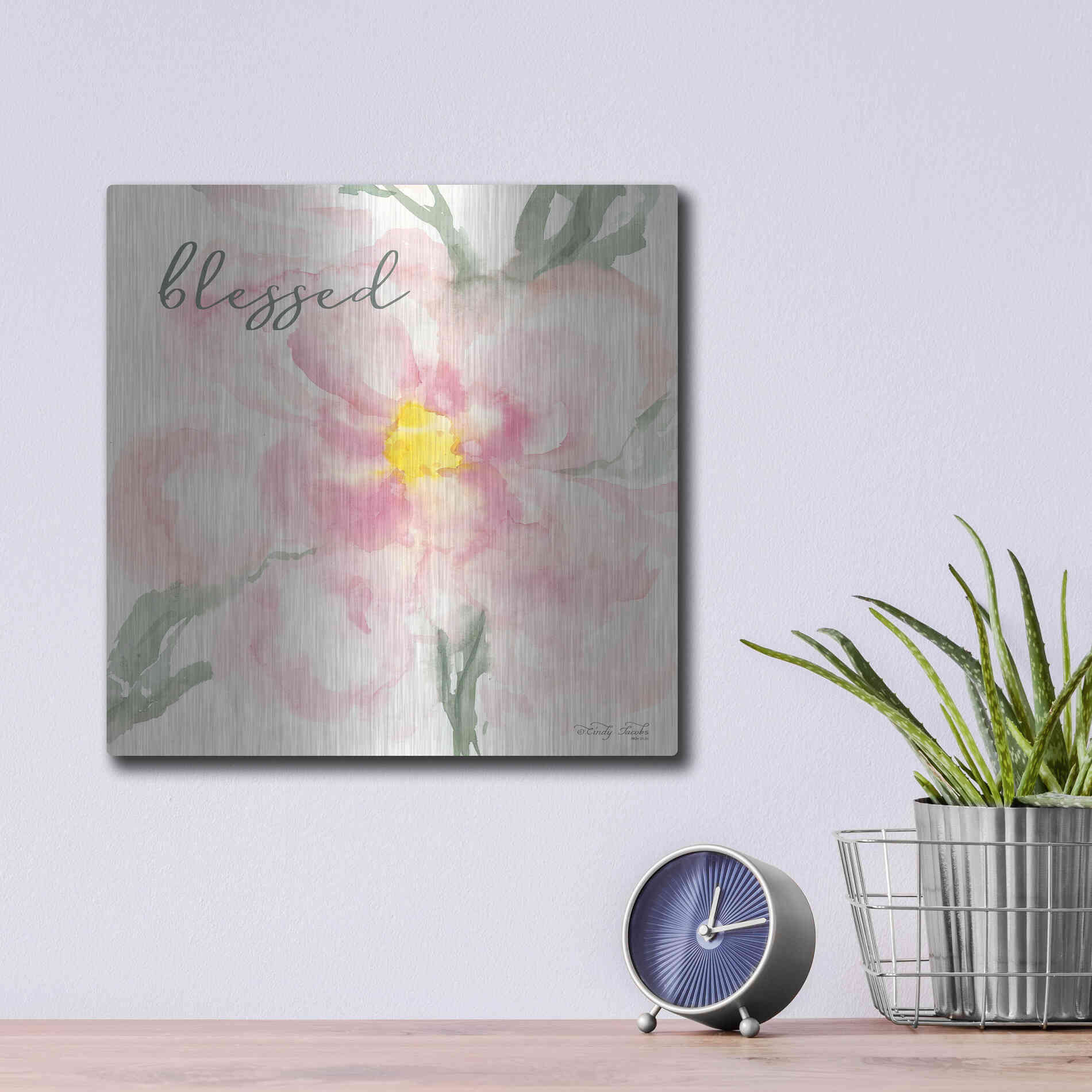 Luxe Metal Art 'Floral Blessed' by Cindy Jacobs, Metal Wall Art,12x12