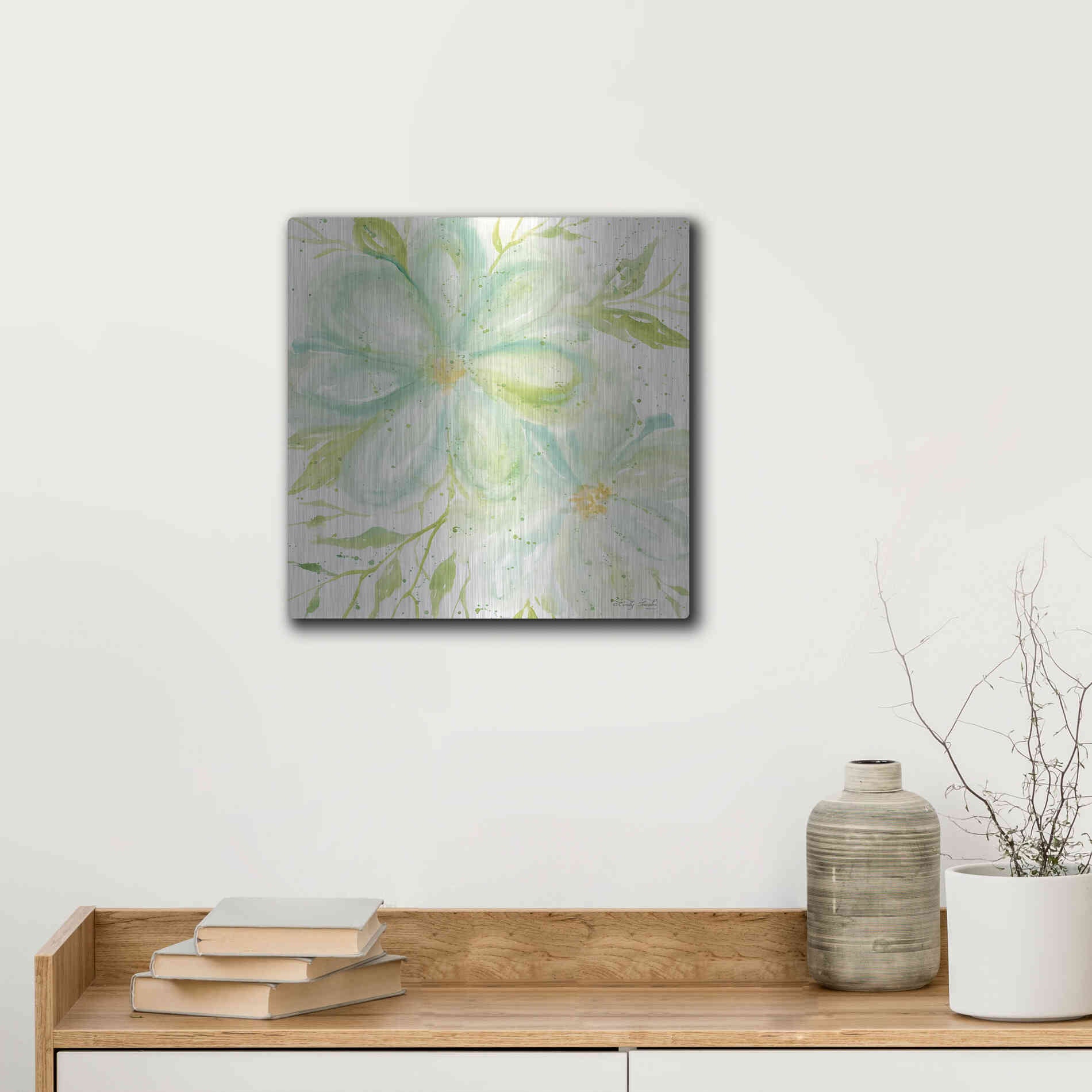 Luxe Metal Art 'Teal Big Blooms' by Cindy Jacobs, Metal Wall Art,12x12