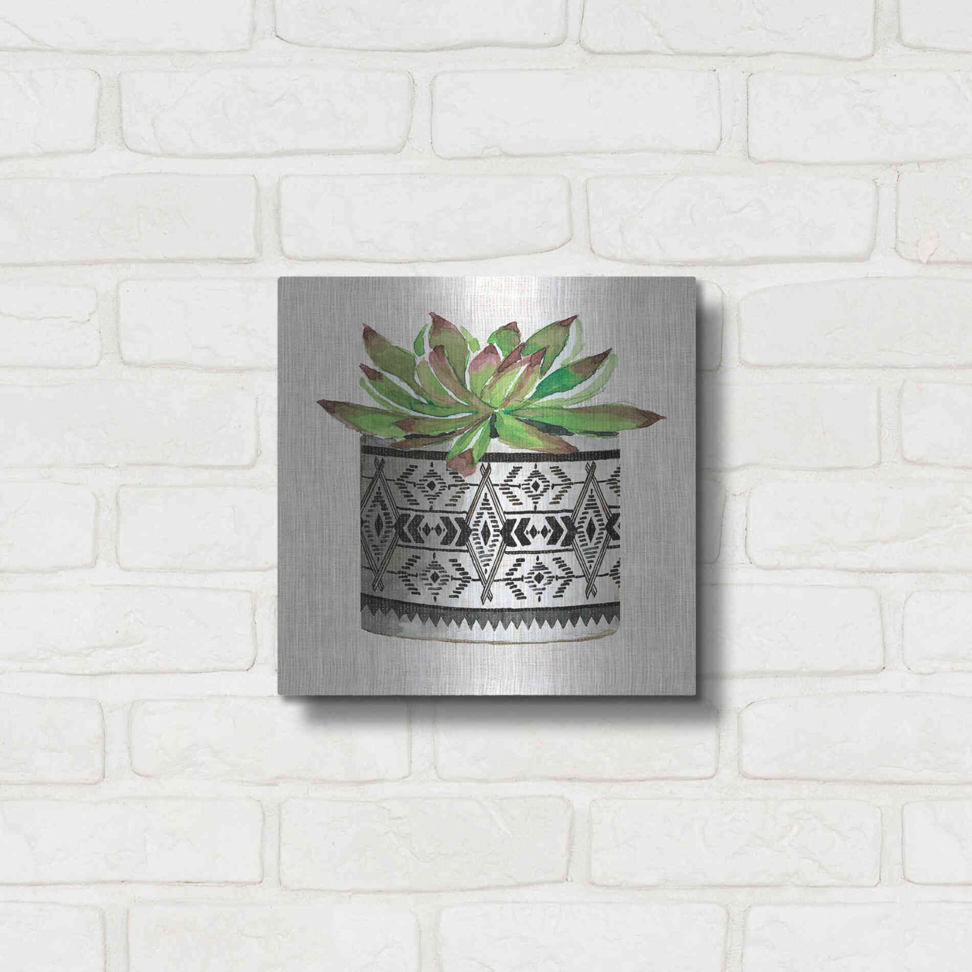 Luxe Metal Art 'Cactus Mud Cloth Vase I' by Cindy Jacobs, Metal Wall Art,12x12