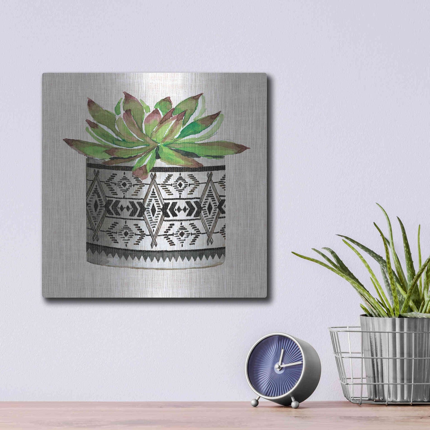 Luxe Metal Art 'Cactus Mud Cloth Vase I' by Cindy Jacobs, Metal Wall Art,12x12