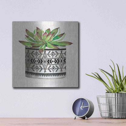 Luxe Metal Art 'Cactus Mud Cloth Vase I' by Cindy Jacobs, Metal Wall Art,12x12