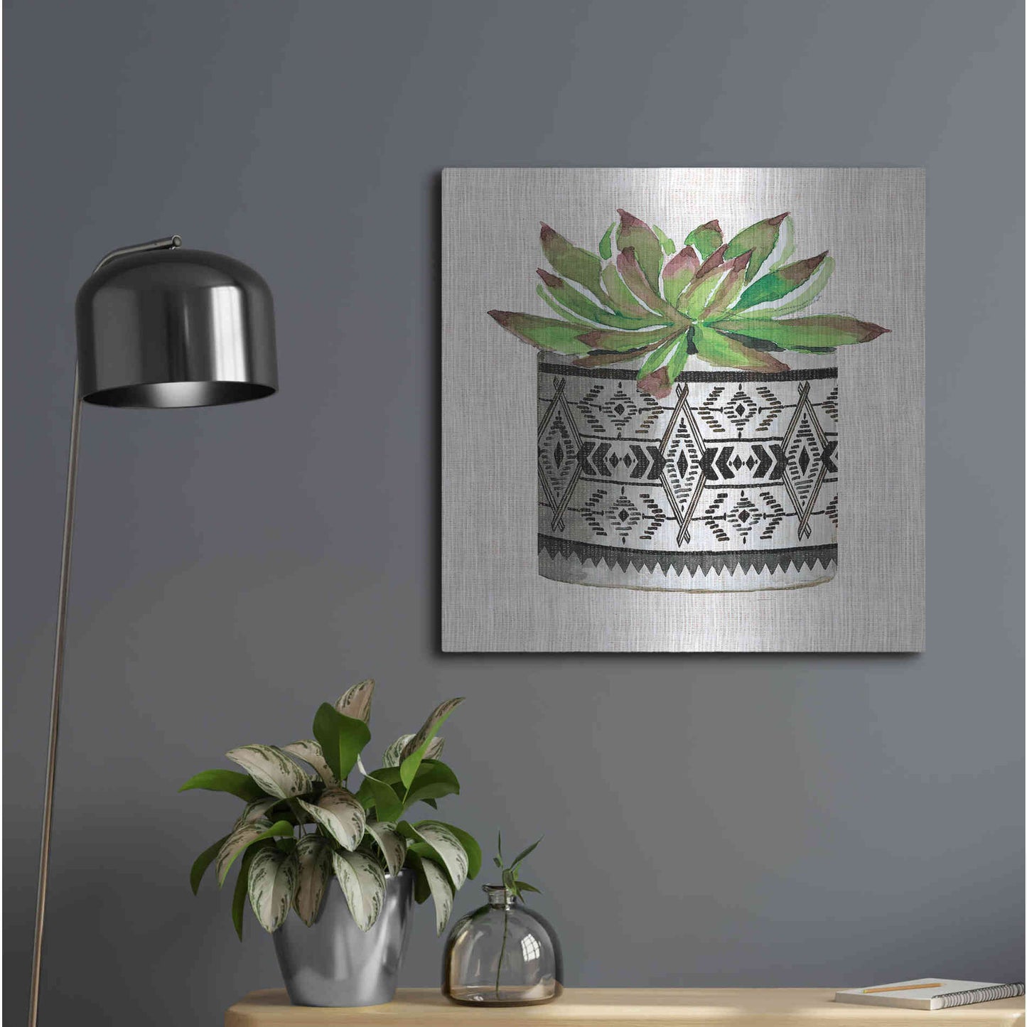 Luxe Metal Art 'Cactus Mud Cloth Vase I' by Cindy Jacobs, Metal Wall Art,24x24