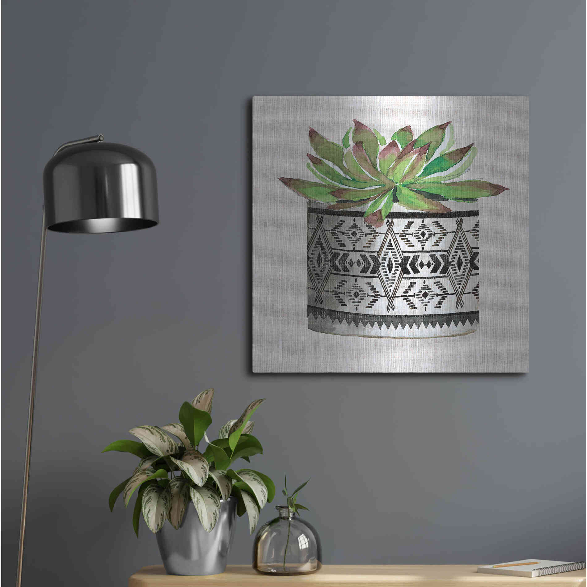 Luxe Metal Art 'Cactus Mud Cloth Vase I' by Cindy Jacobs, Metal Wall Art,24x24