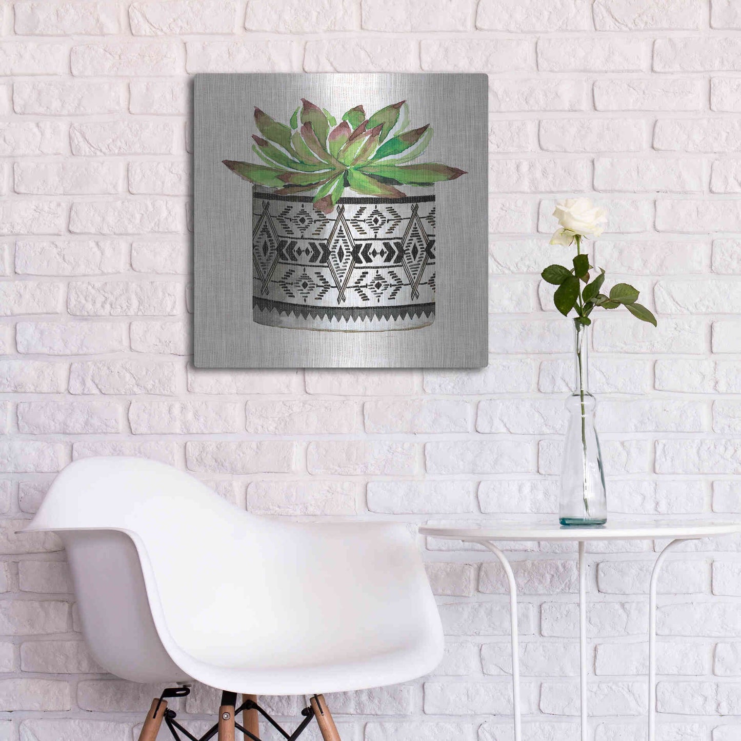 Luxe Metal Art 'Cactus Mud Cloth Vase I' by Cindy Jacobs, Metal Wall Art,24x24