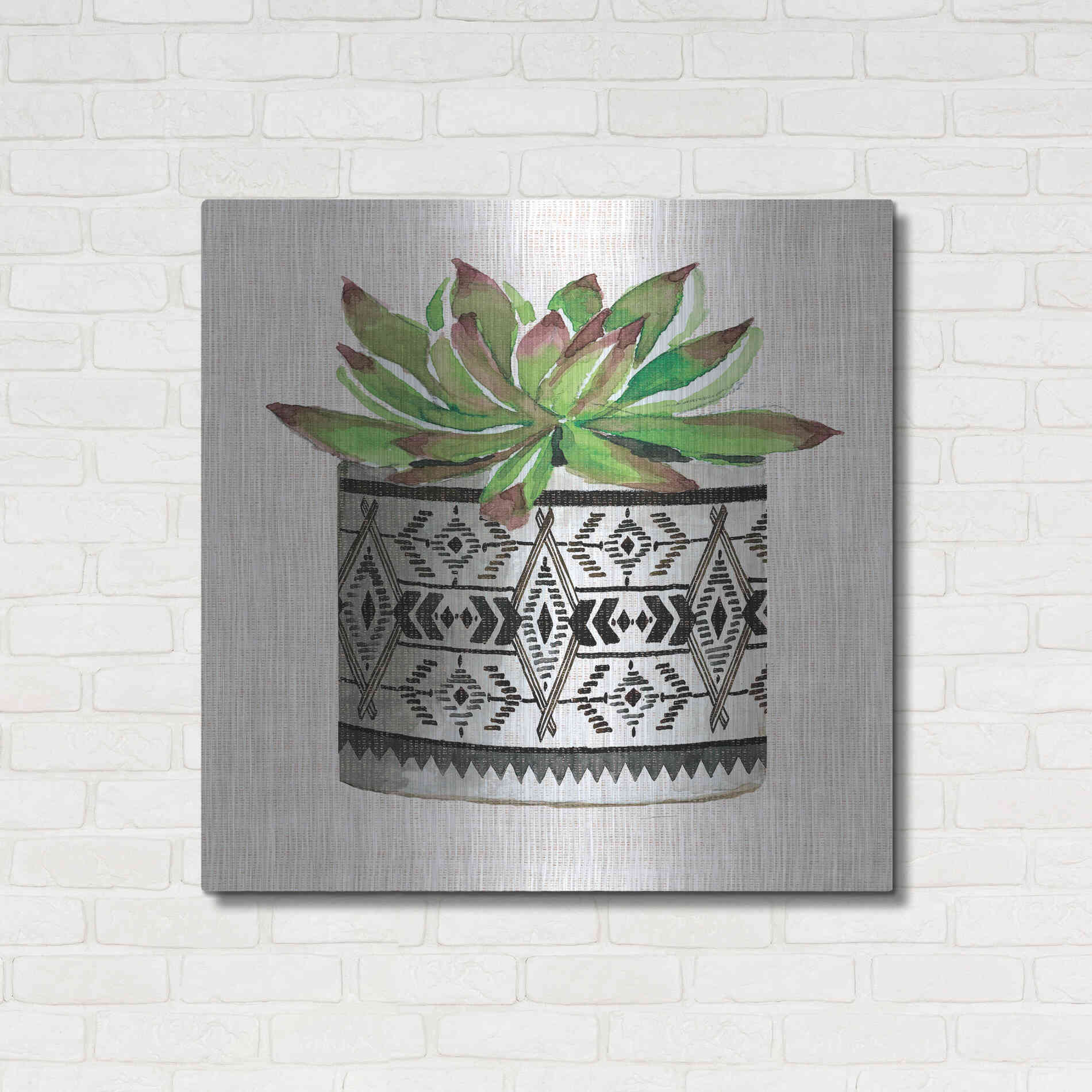 Luxe Metal Art 'Cactus Mud Cloth Vase I' by Cindy Jacobs, Metal Wall Art,36x36