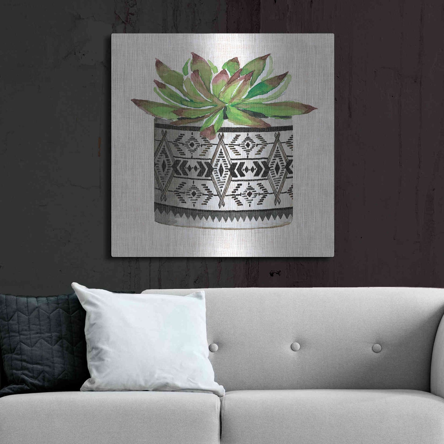 Luxe Metal Art 'Cactus Mud Cloth Vase I' by Cindy Jacobs, Metal Wall Art,36x36