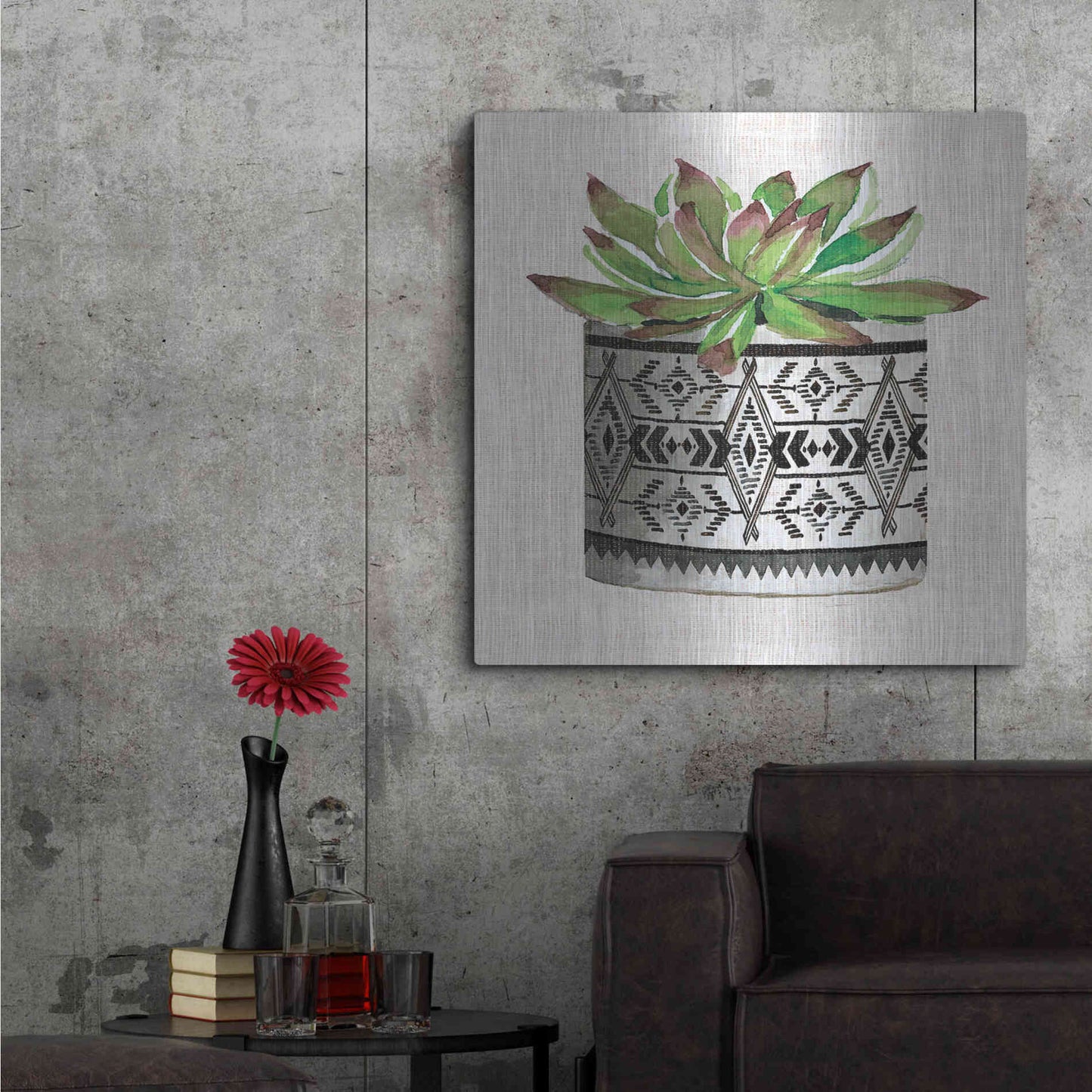 Luxe Metal Art 'Cactus Mud Cloth Vase I' by Cindy Jacobs, Metal Wall Art,36x36