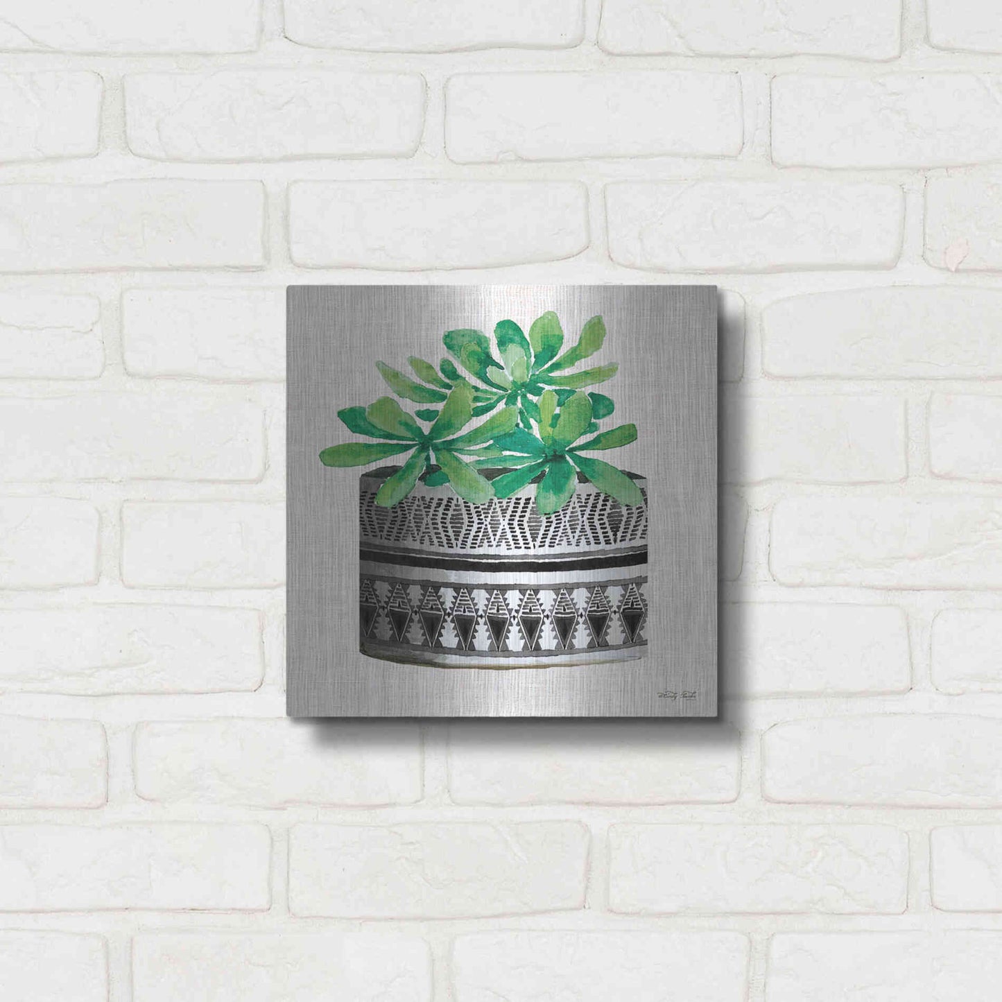 Luxe Metal Art 'Cactus Mud Cloth Vase II' by Cindy Jacobs, Metal Wall Art,12x12