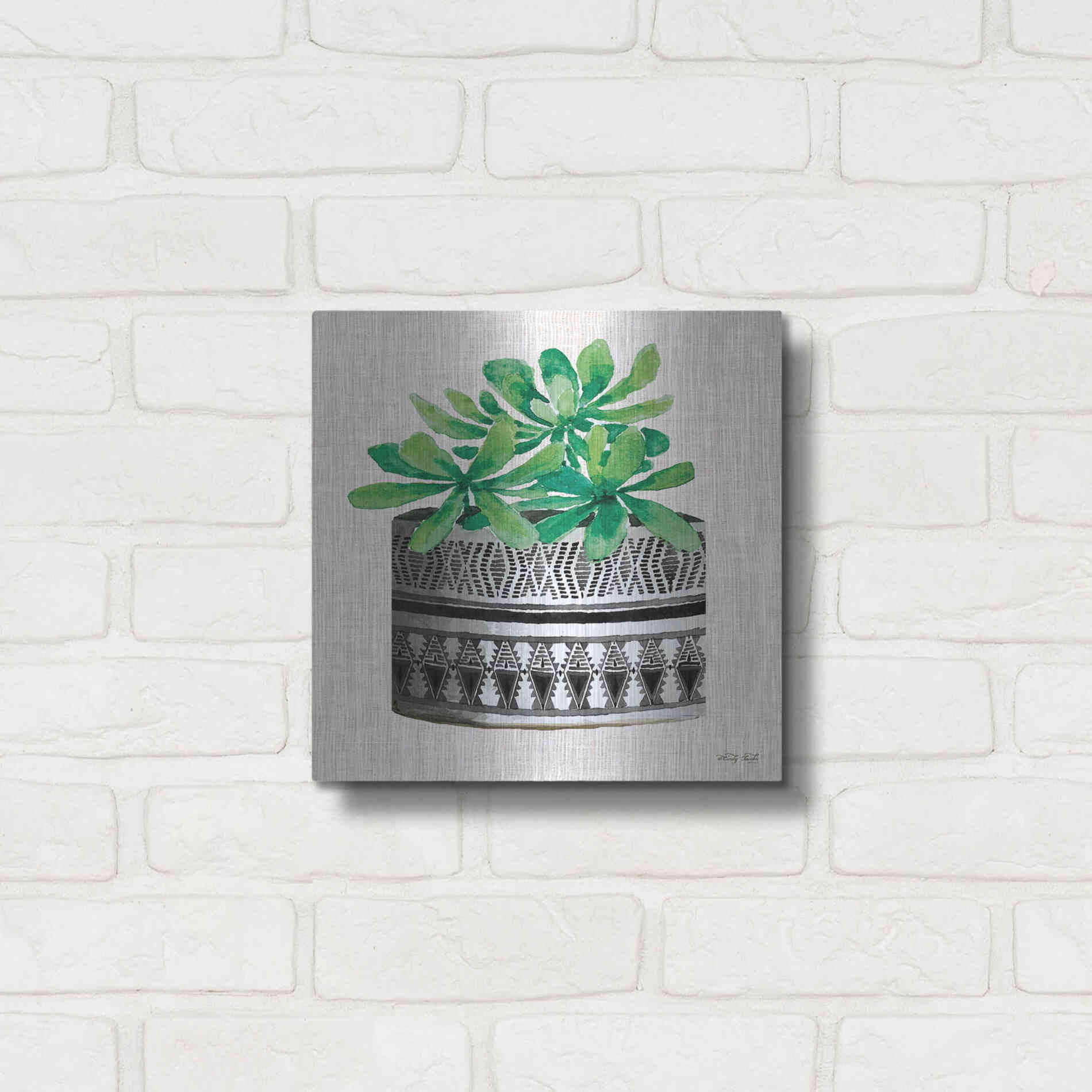 Luxe Metal Art 'Cactus Mud Cloth Vase II' by Cindy Jacobs, Metal Wall Art,12x12