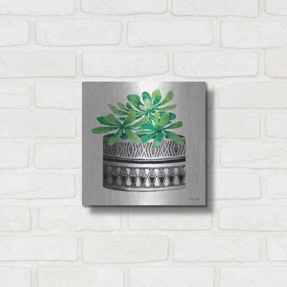 Luxe Metal Art 'Cactus Mud Cloth Vase II' by Cindy Jacobs, Metal Wall Art,12x12