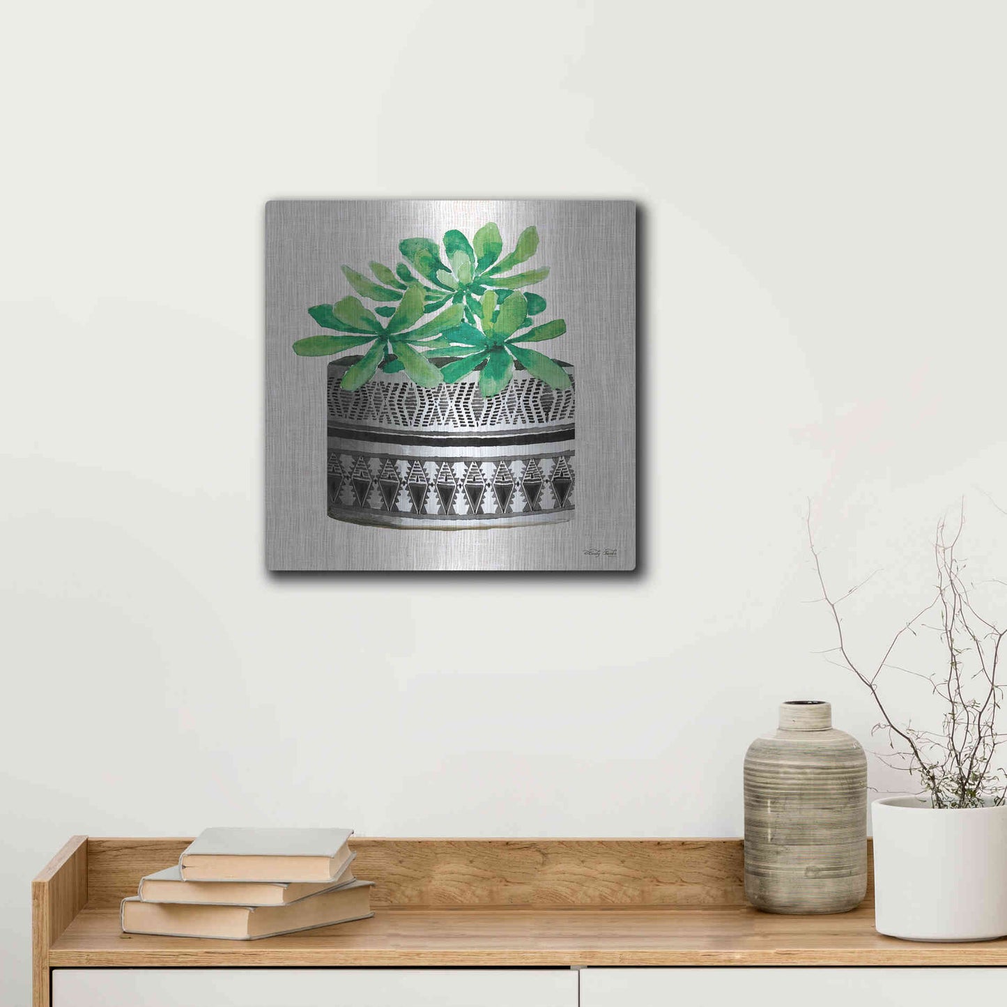 Luxe Metal Art 'Cactus Mud Cloth Vase II' by Cindy Jacobs, Metal Wall Art,12x12