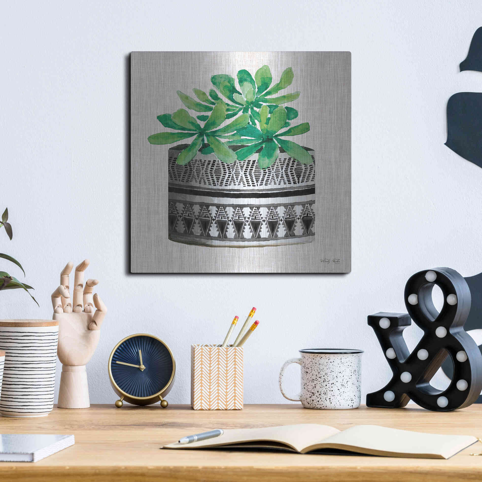 Luxe Metal Art 'Cactus Mud Cloth Vase II' by Cindy Jacobs, Metal Wall Art,12x12