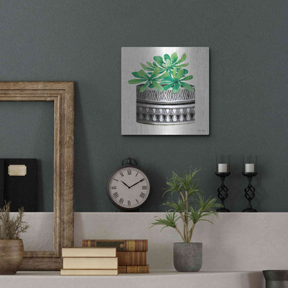 Luxe Metal Art 'Cactus Mud Cloth Vase II' by Cindy Jacobs, Metal Wall Art,12x12