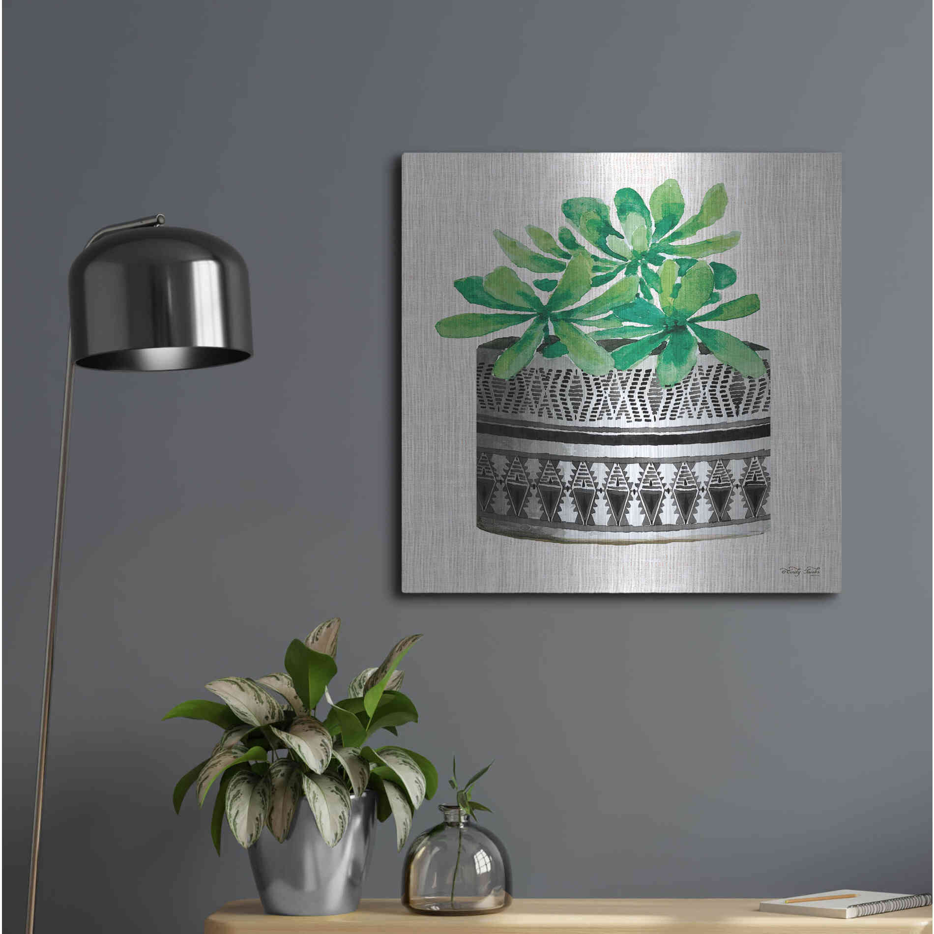 Luxe Metal Art 'Cactus Mud Cloth Vase II' by Cindy Jacobs, Metal Wall Art,24x24