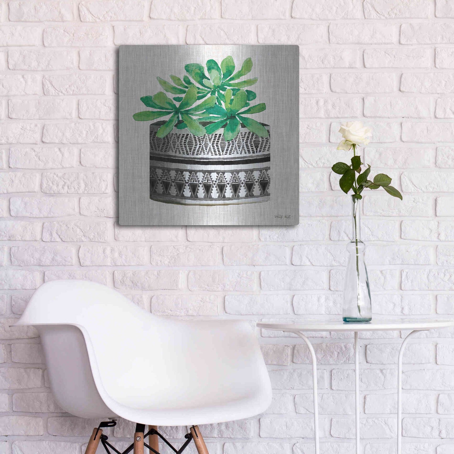 Luxe Metal Art 'Cactus Mud Cloth Vase II' by Cindy Jacobs, Metal Wall Art,24x24