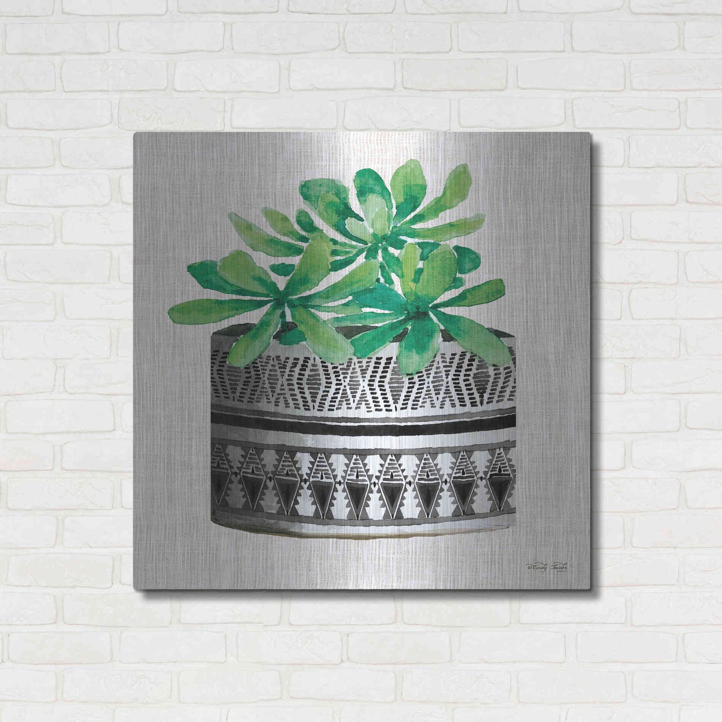 Luxe Metal Art 'Cactus Mud Cloth Vase II' by Cindy Jacobs, Metal Wall Art,36x36