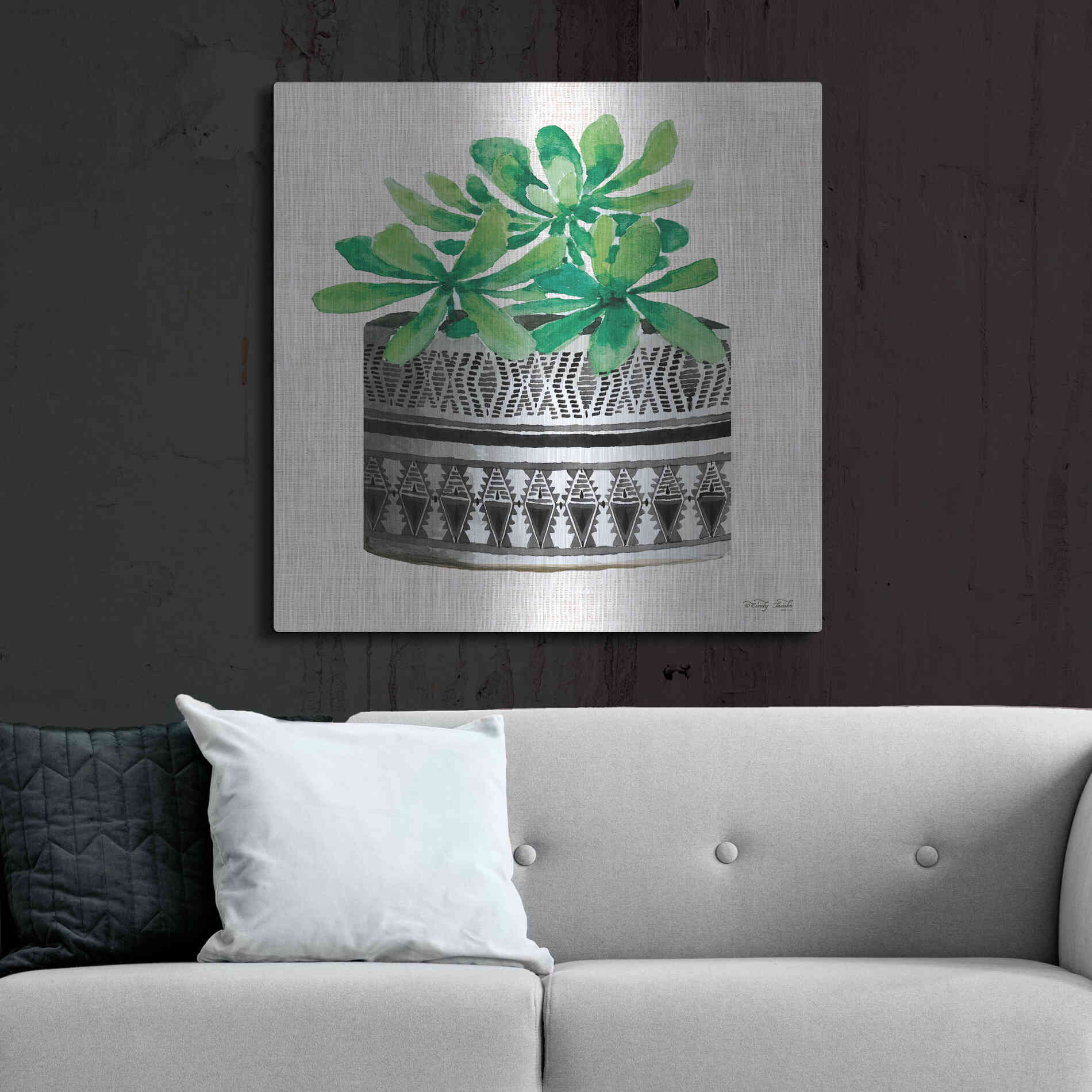 Luxe Metal Art 'Cactus Mud Cloth Vase II' by Cindy Jacobs, Metal Wall Art,36x36