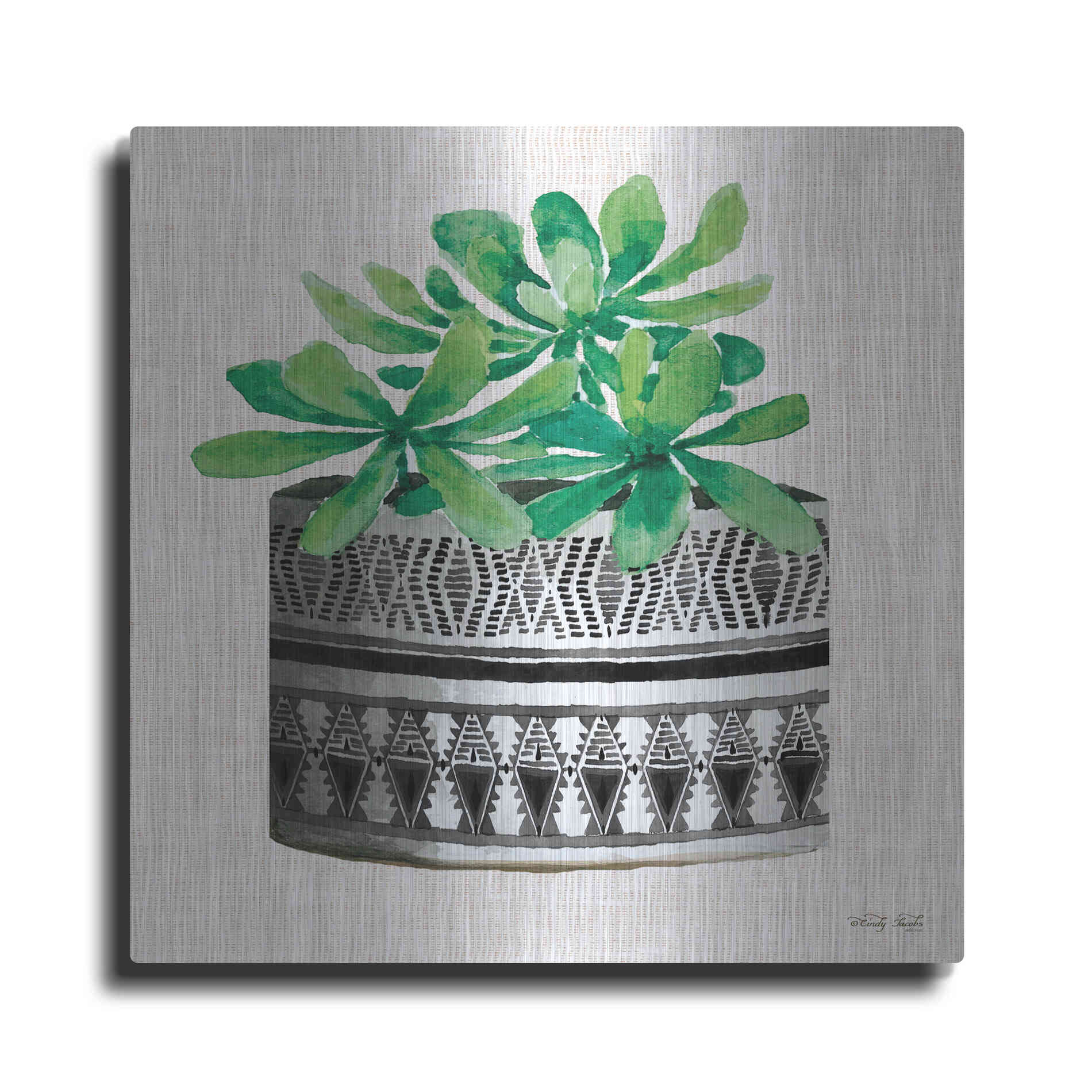 Luxe Metal Art 'Cactus Mud Cloth Vase II' by Cindy Jacobs, Metal Wall Art