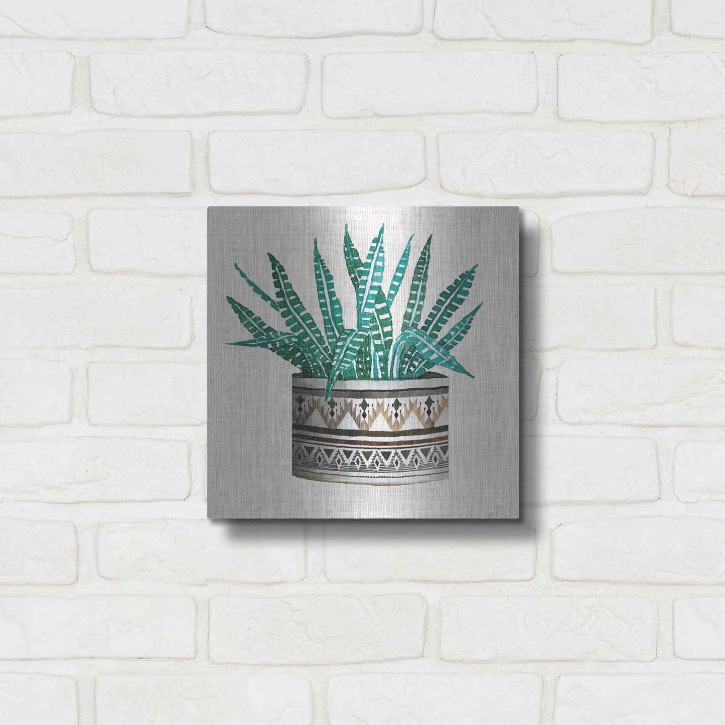 Luxe Metal Art 'Cactus Mud Cloth Vase III' by Cindy Jacobs, Metal Wall Art,12x12